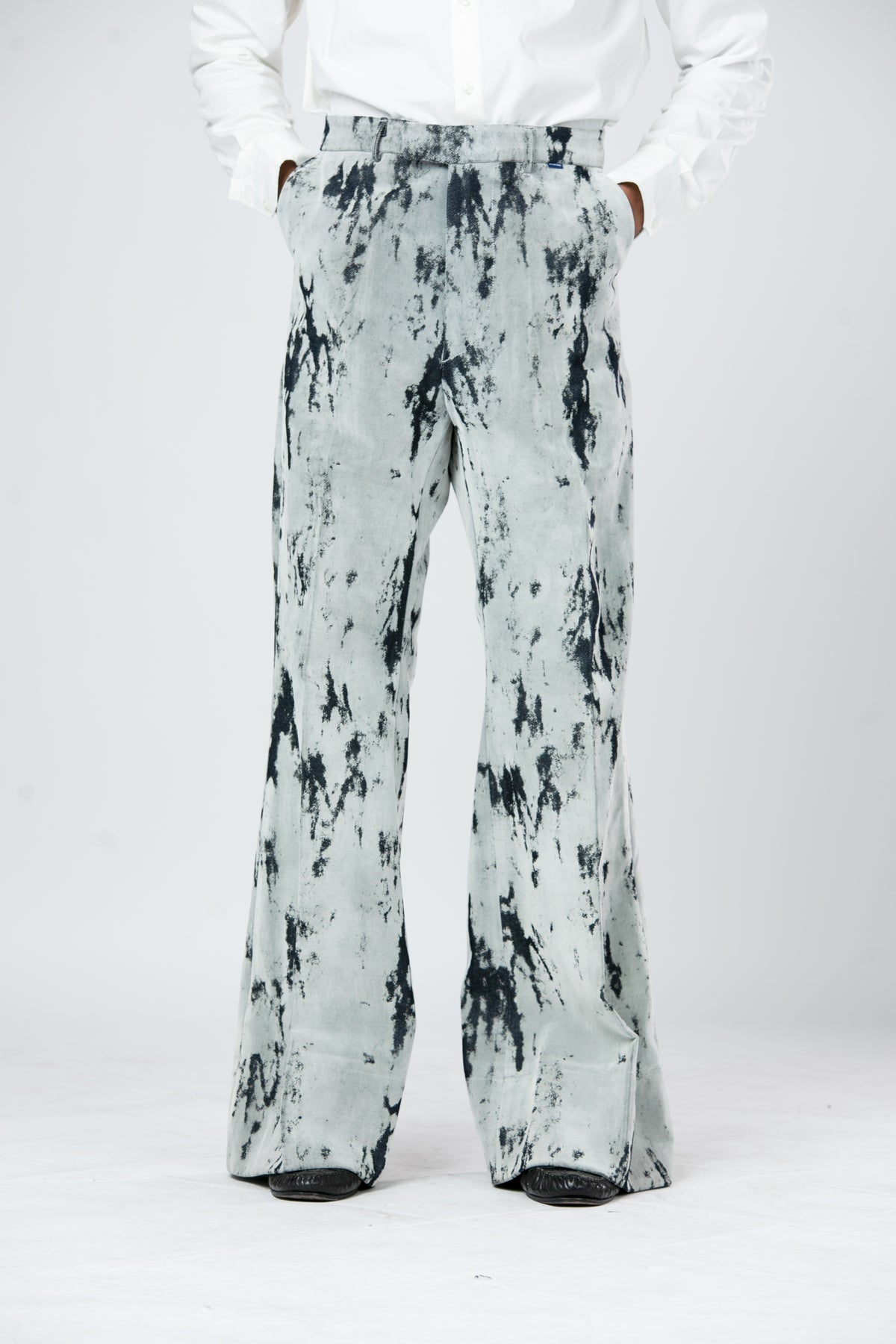Flock Bootcut Pants flock velvet 100% cotton Italian denim high waist relaxed fit with hook-and-eye fastening