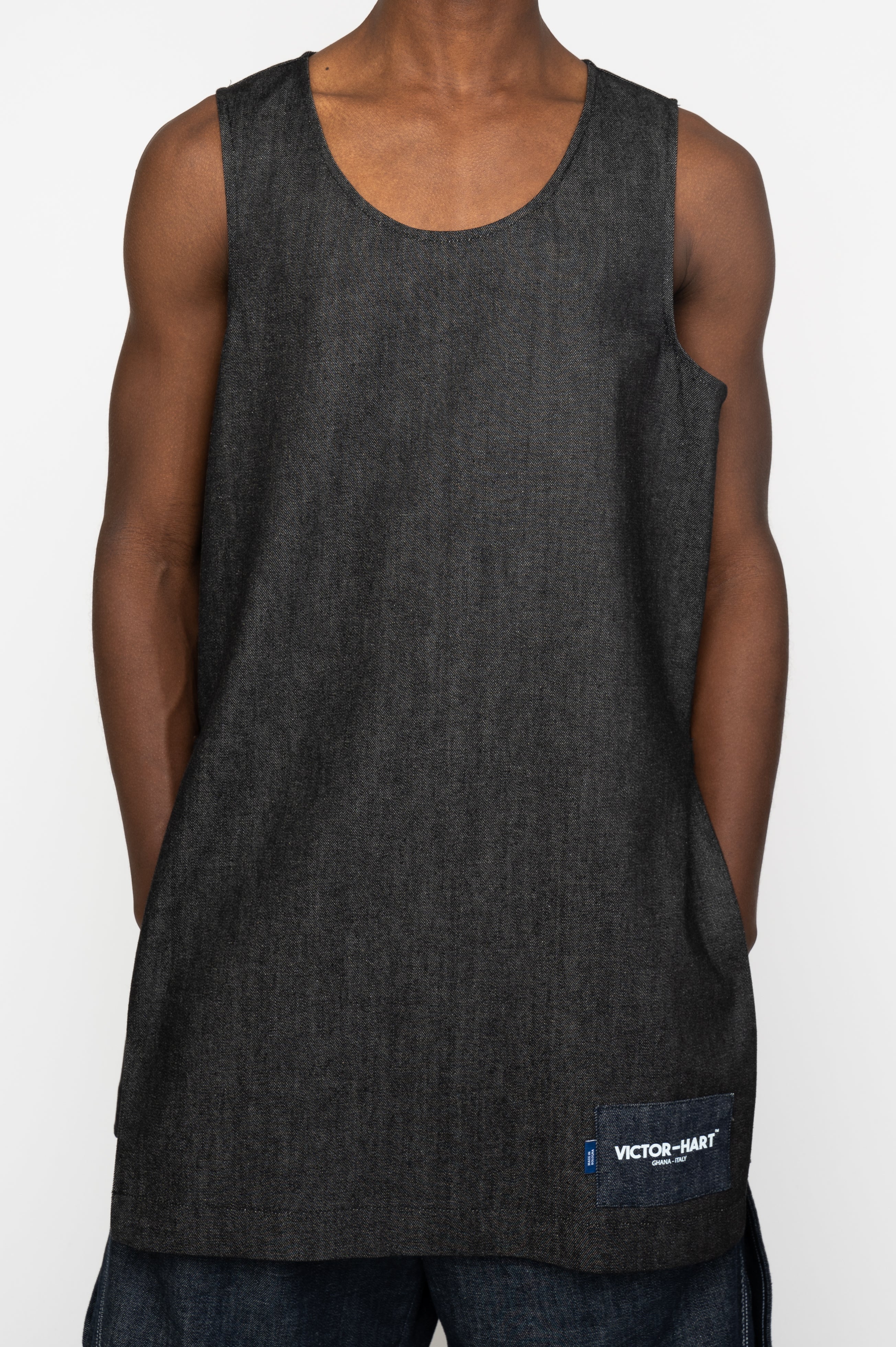 Victor-Hart Basket Jersey – Upcycled Denim Sleeveless Top - Adjustable Zip Designer Layer