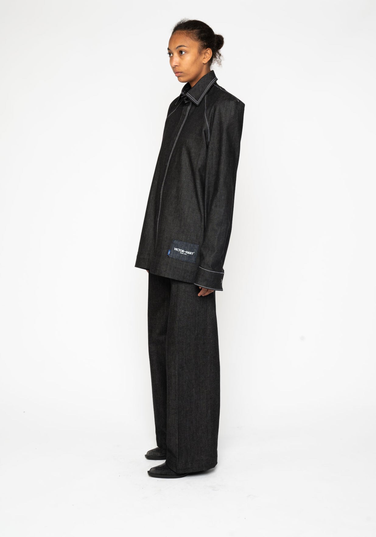 Victor-Hart luxury black denim business shirt with architectural tailoring