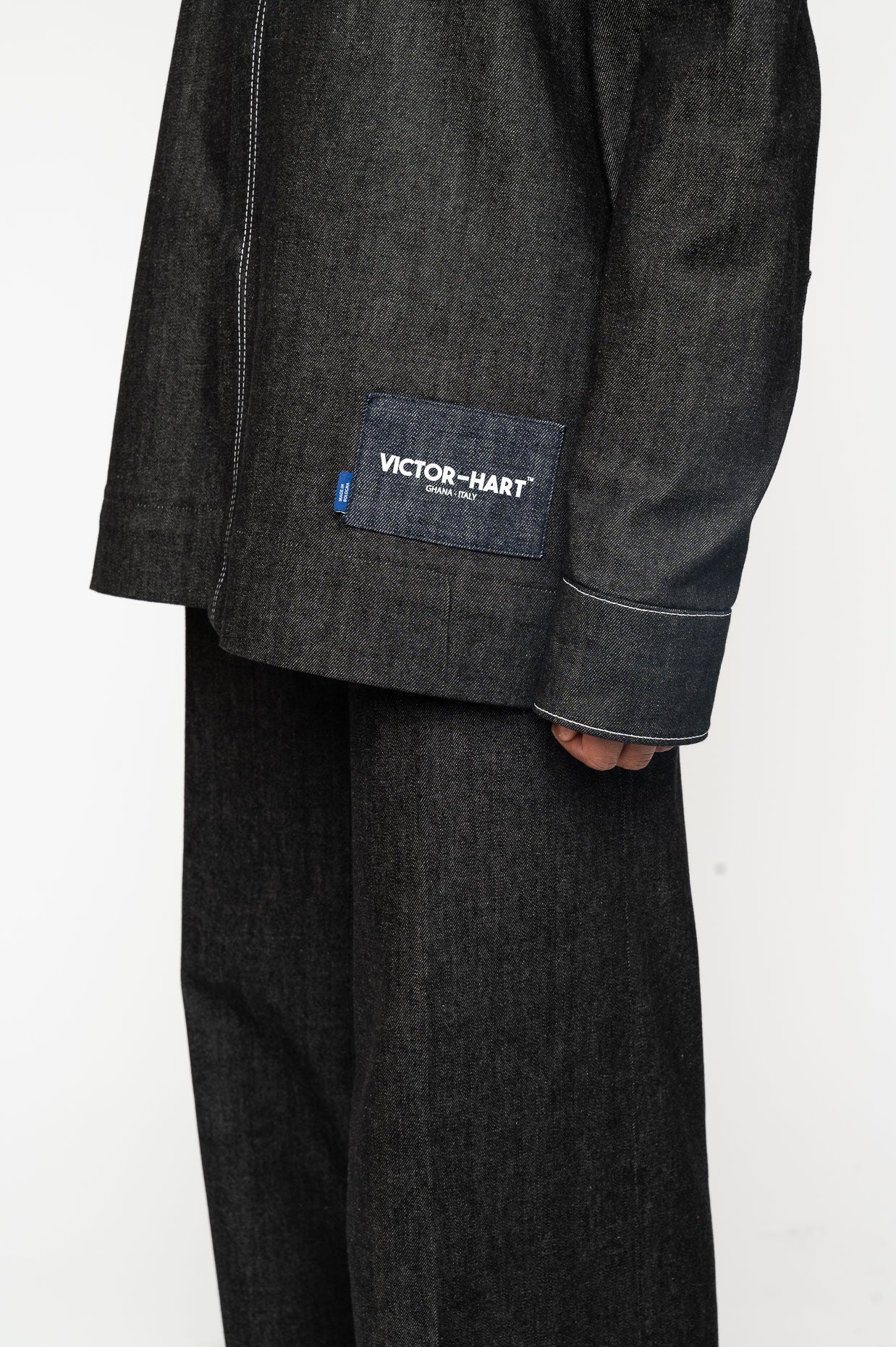Victor-Hart luxury black denim business shirt with architectural tailoring