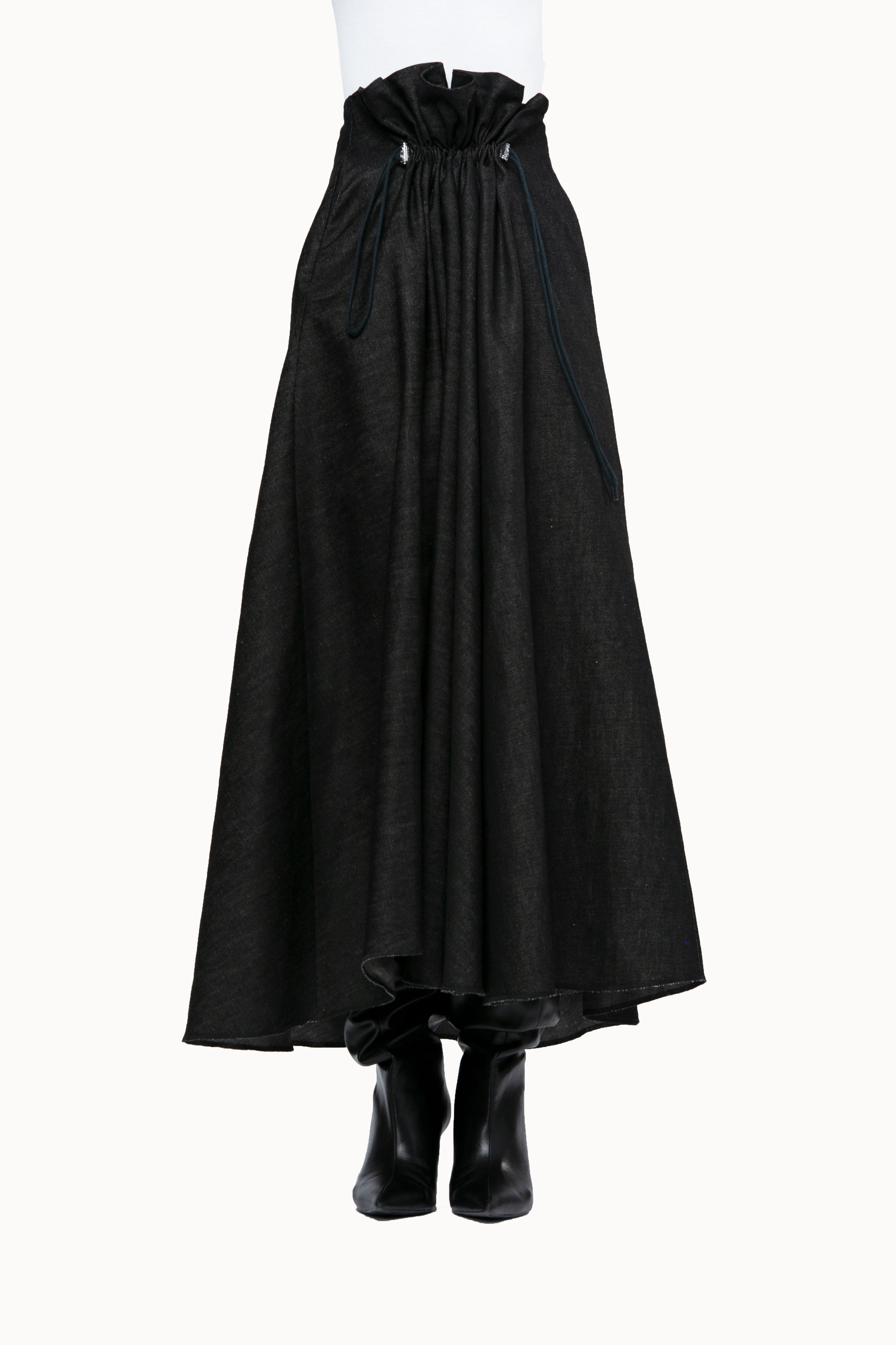 Victor-Hart luxury structured denim maxi skirt with architectural tailoring