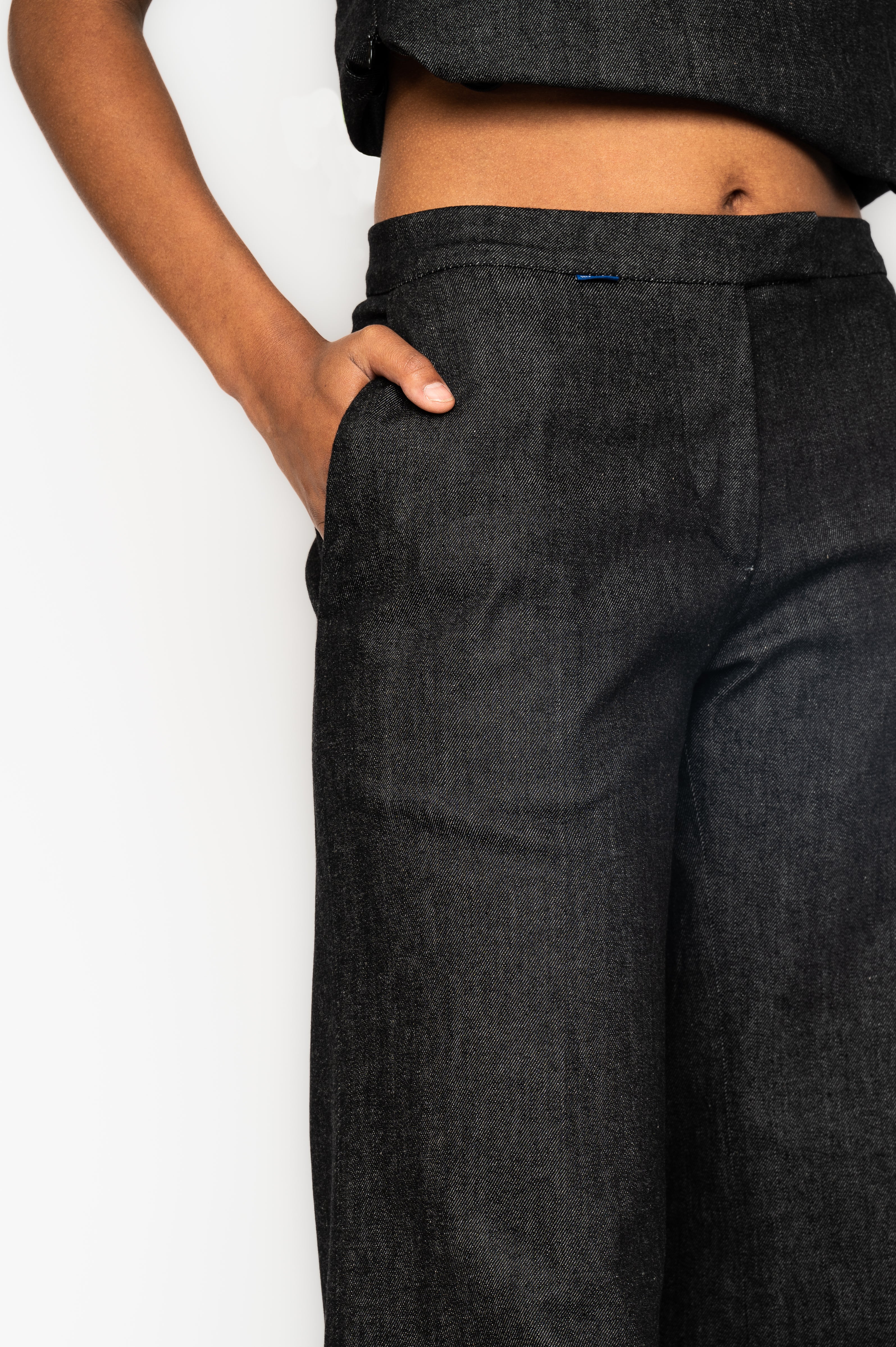 Victor-Hart luxury structured working trouser high waist black denim with architectural tailoring