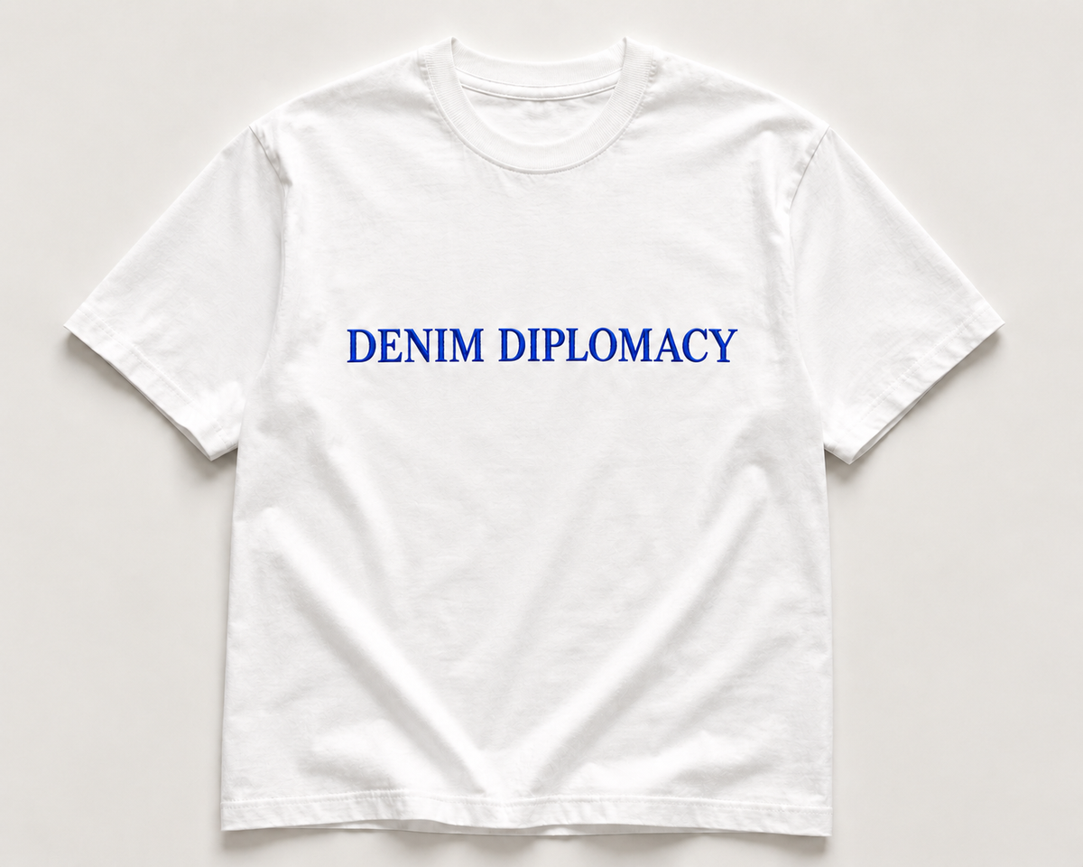 Victor-Hart Denim Diplomacy Tee, embroidered wordmark on heavyweight cotton