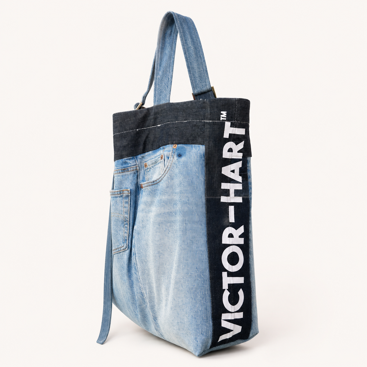 Victor-Hart upcycled denim tote bag, lifestyle view
