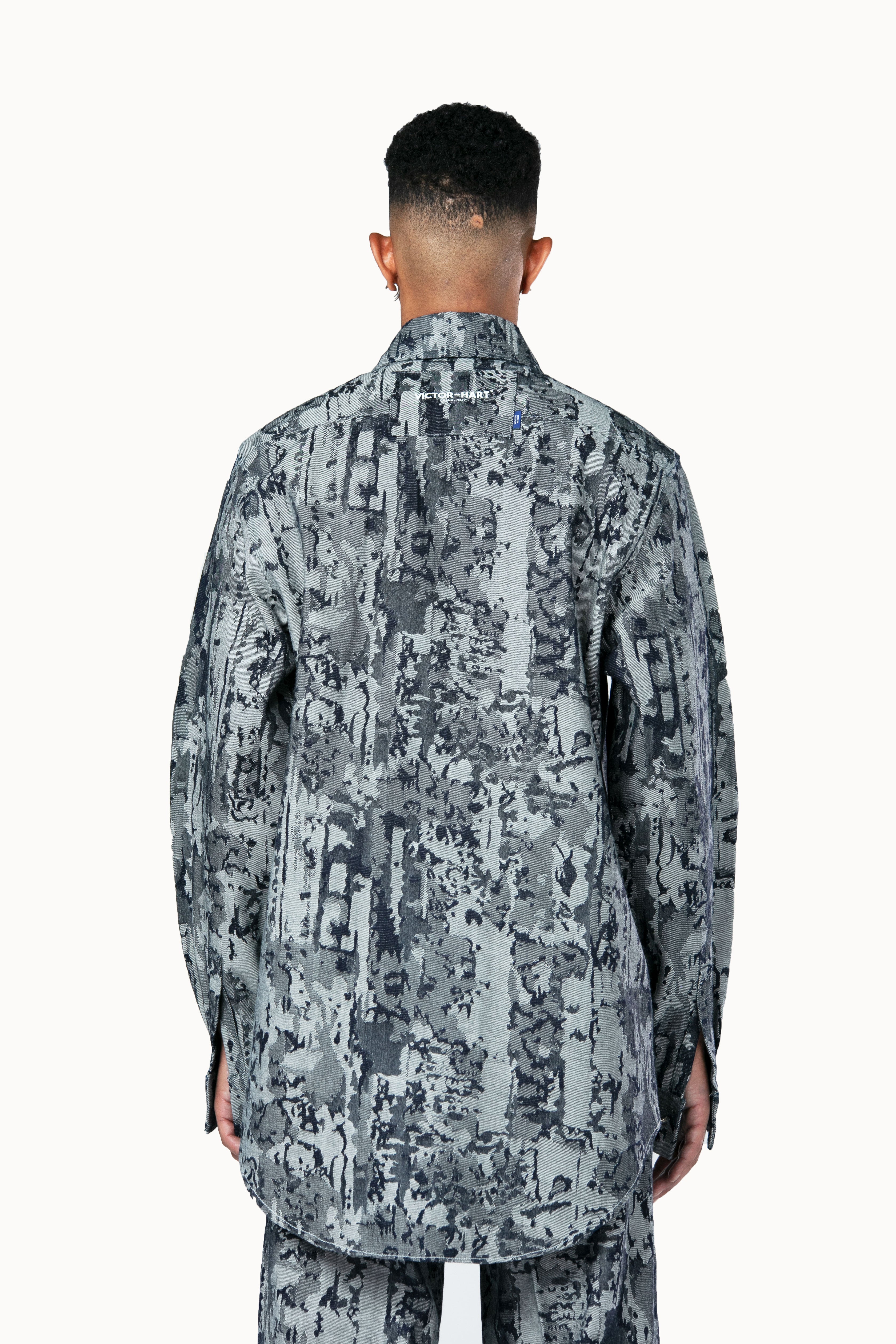 Victor-Hart luxury jacquard denim office shirt with architectural tailoring