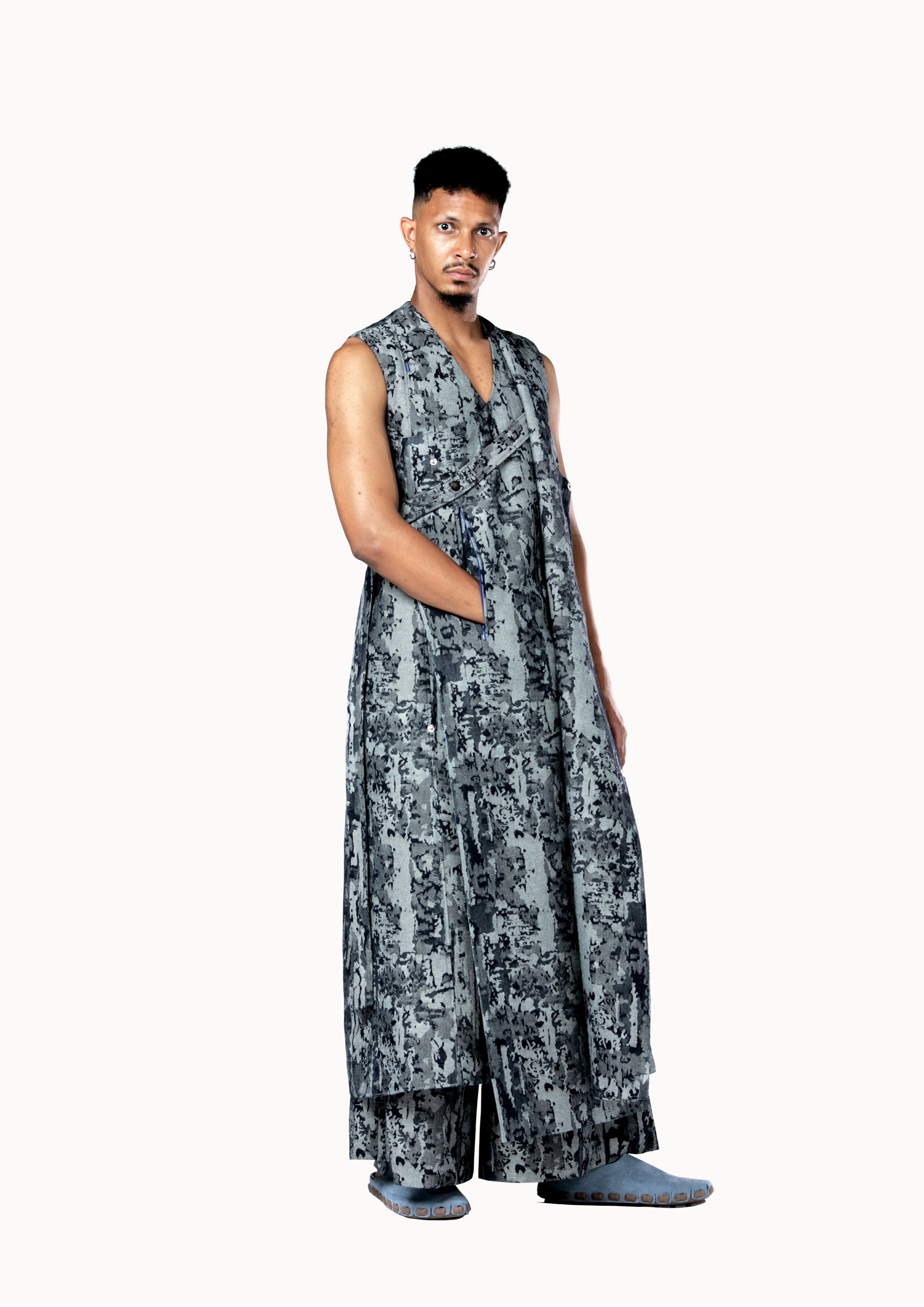 Victor-Hart luxury structured denim long gilet with architectural tailoring