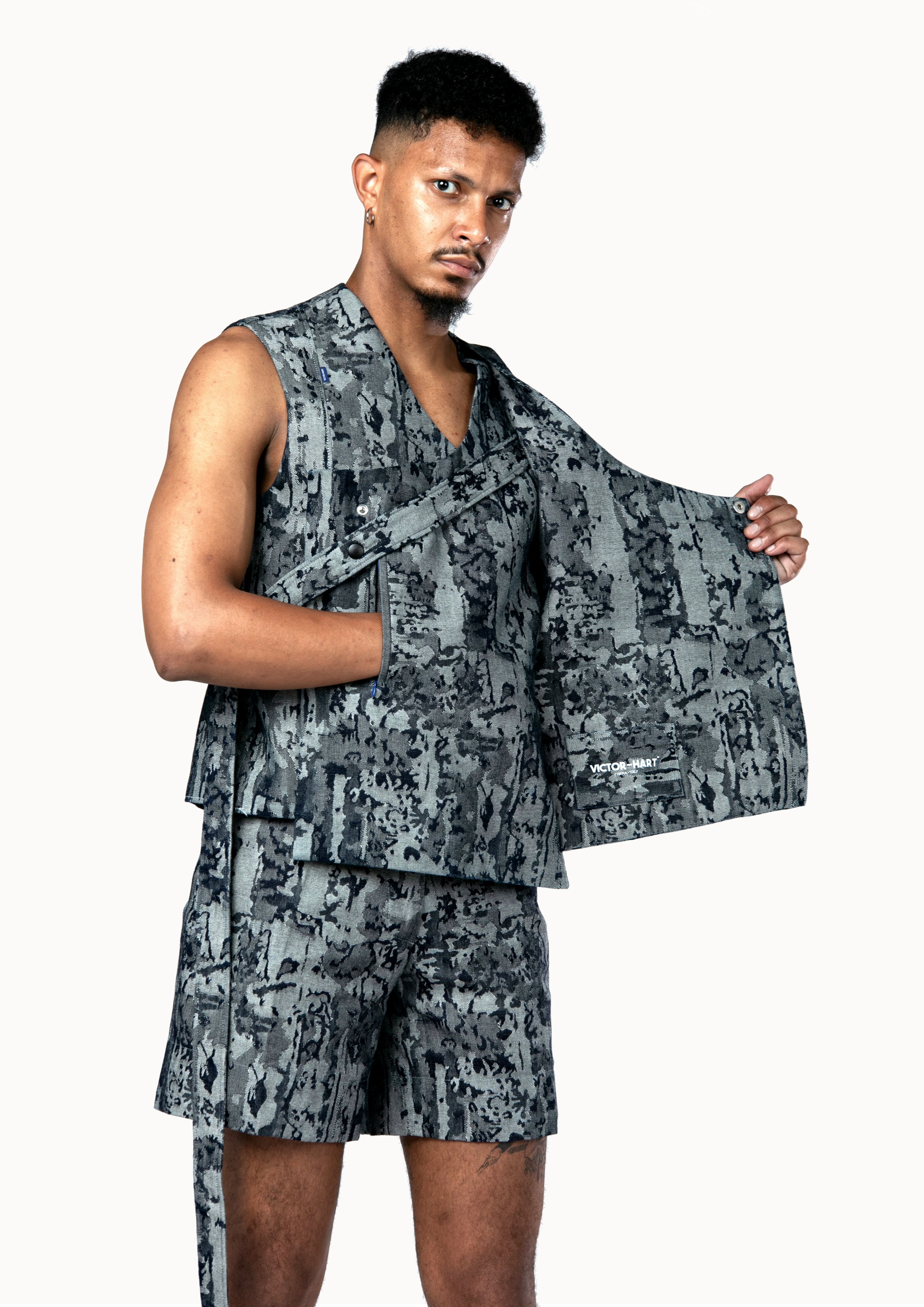 Victor-Hart luxury structured jacquard denim Gilet with architectural tailoring