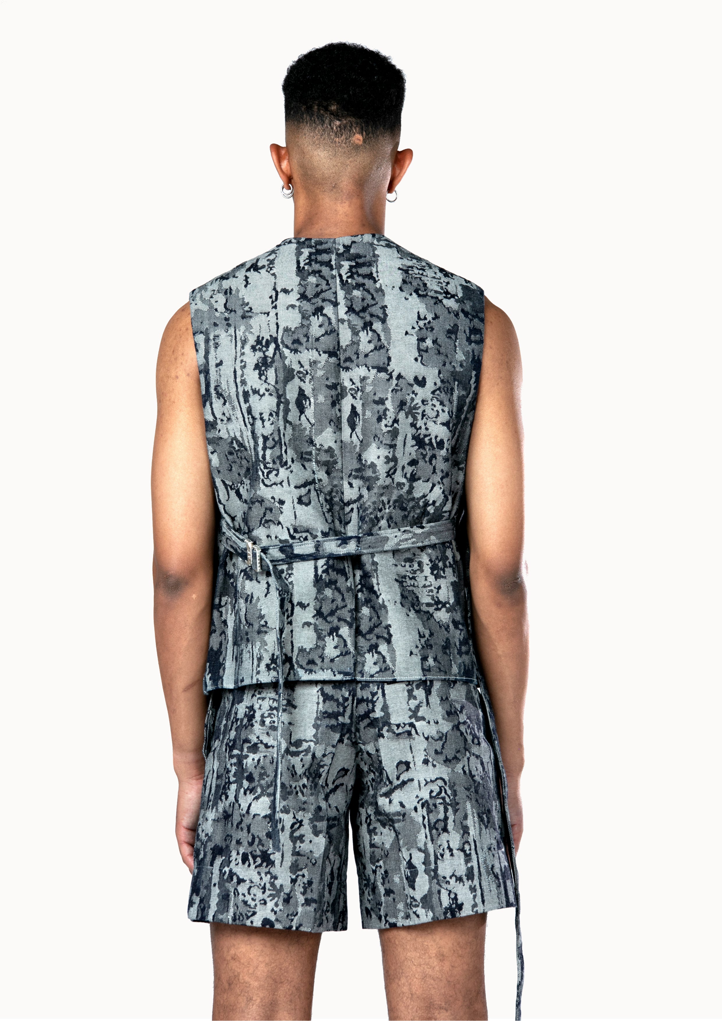 Victor-Hart luxury structured jacquard denim Gilet with architectural tailoring