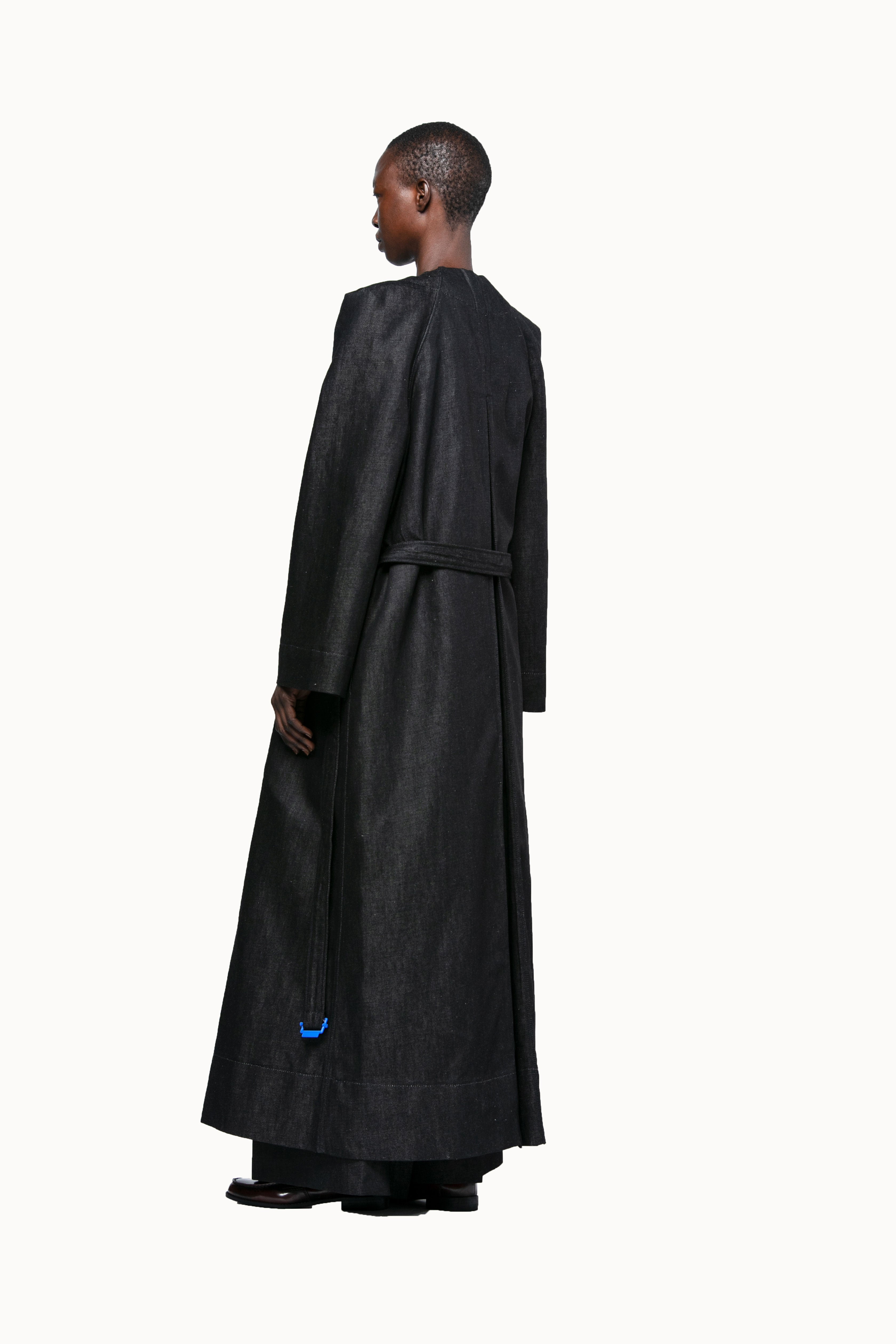 Victor-Hart luxury structured black denim Vtrench coat with architectural tailoring