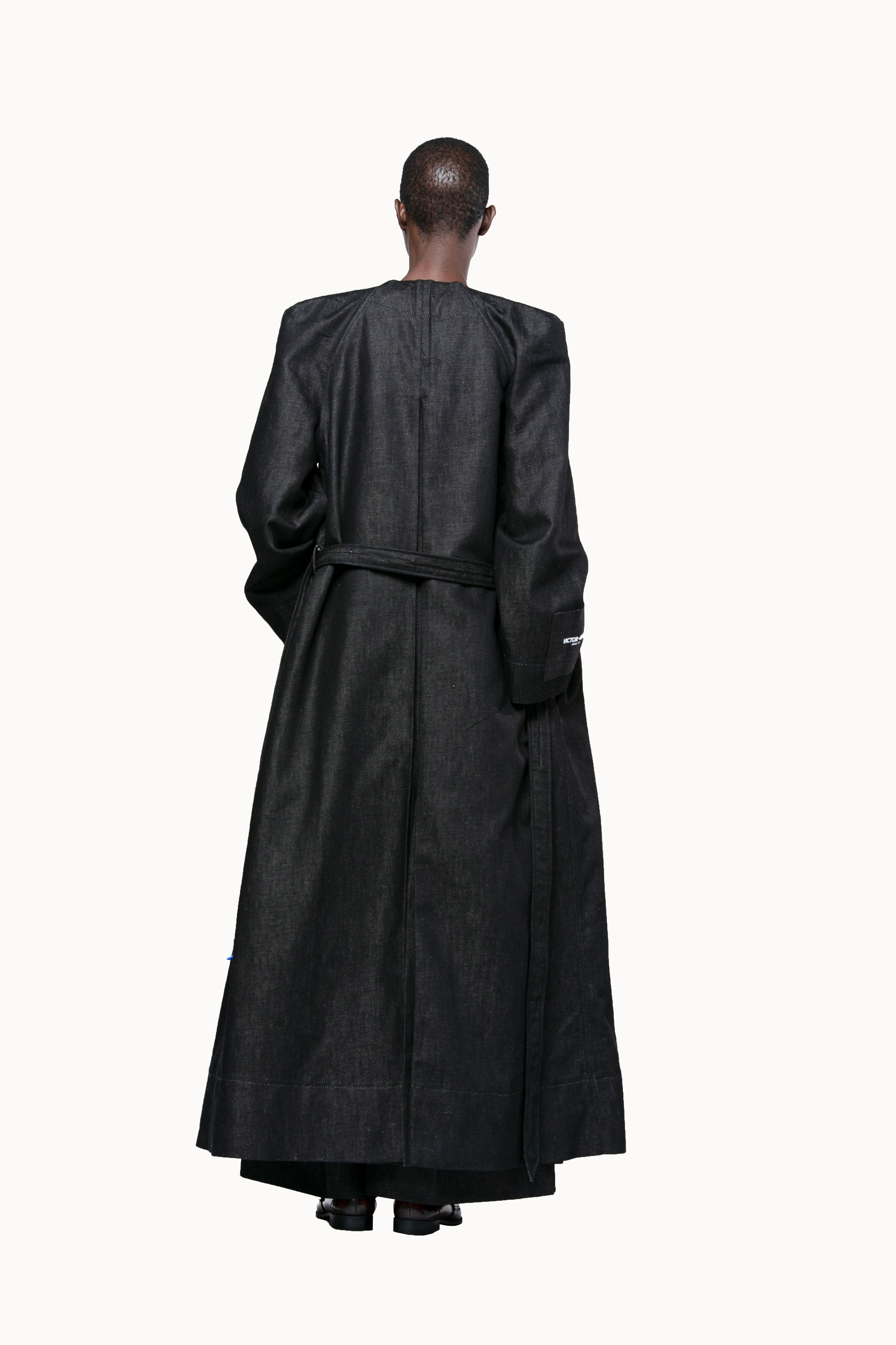 Victor-Hart luxury structured black denim Vtrench coat with architectural tailoring