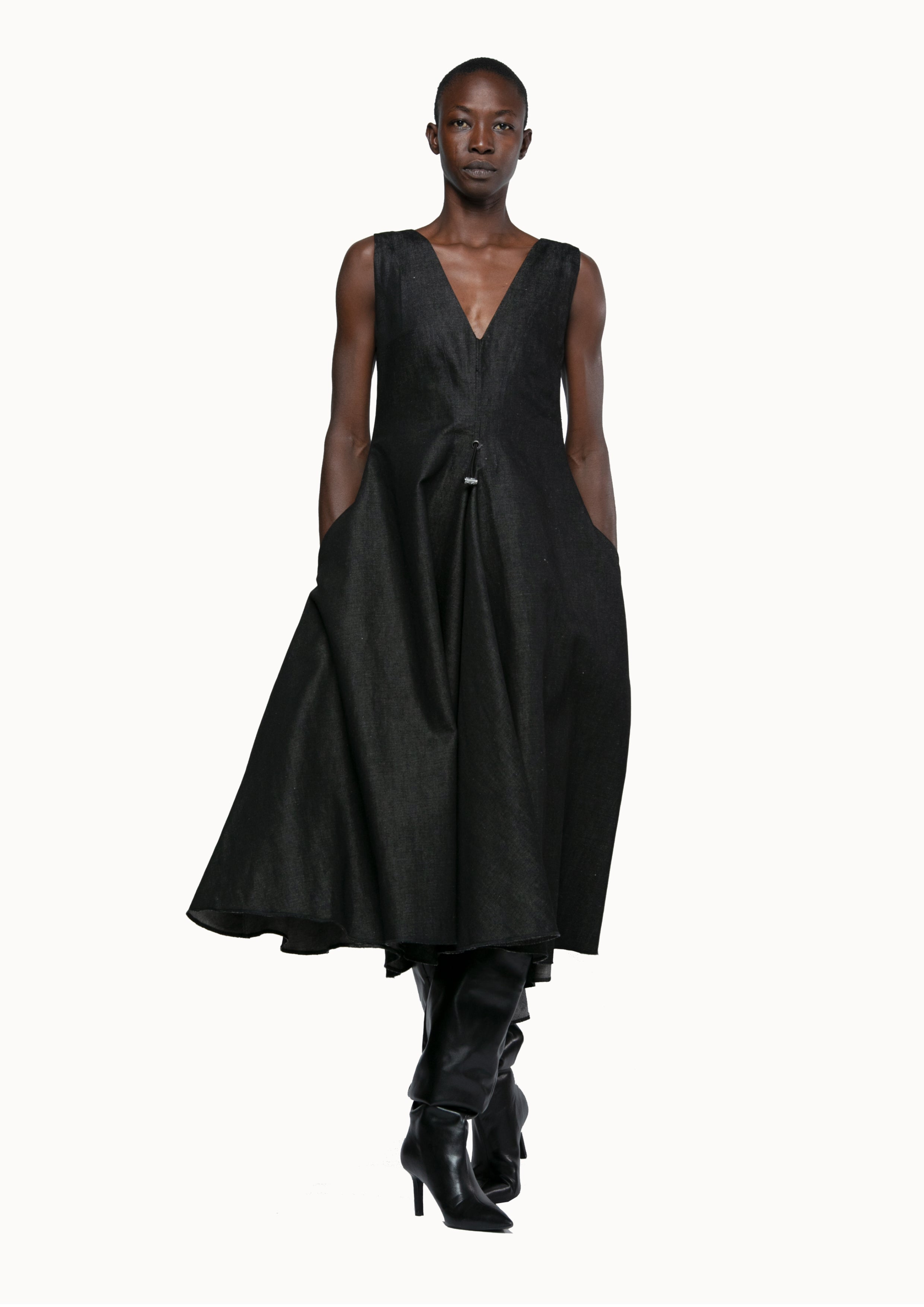 Victor-Hart luxury structured black denim V-neck Drtawstring with architectural tailoring