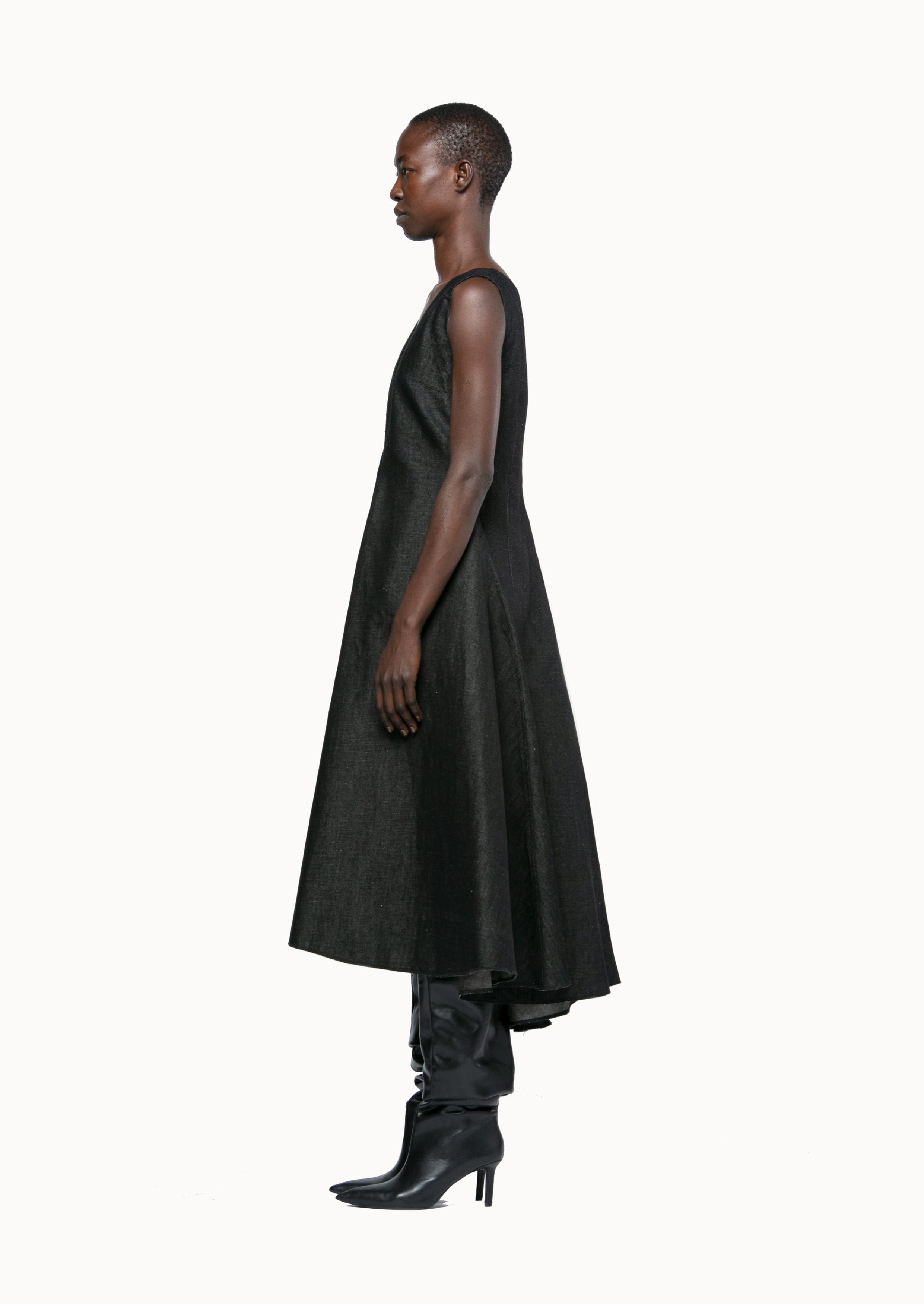 Victor-Hart luxury structured black denim V-neck Drtawstring with architectural tailoring