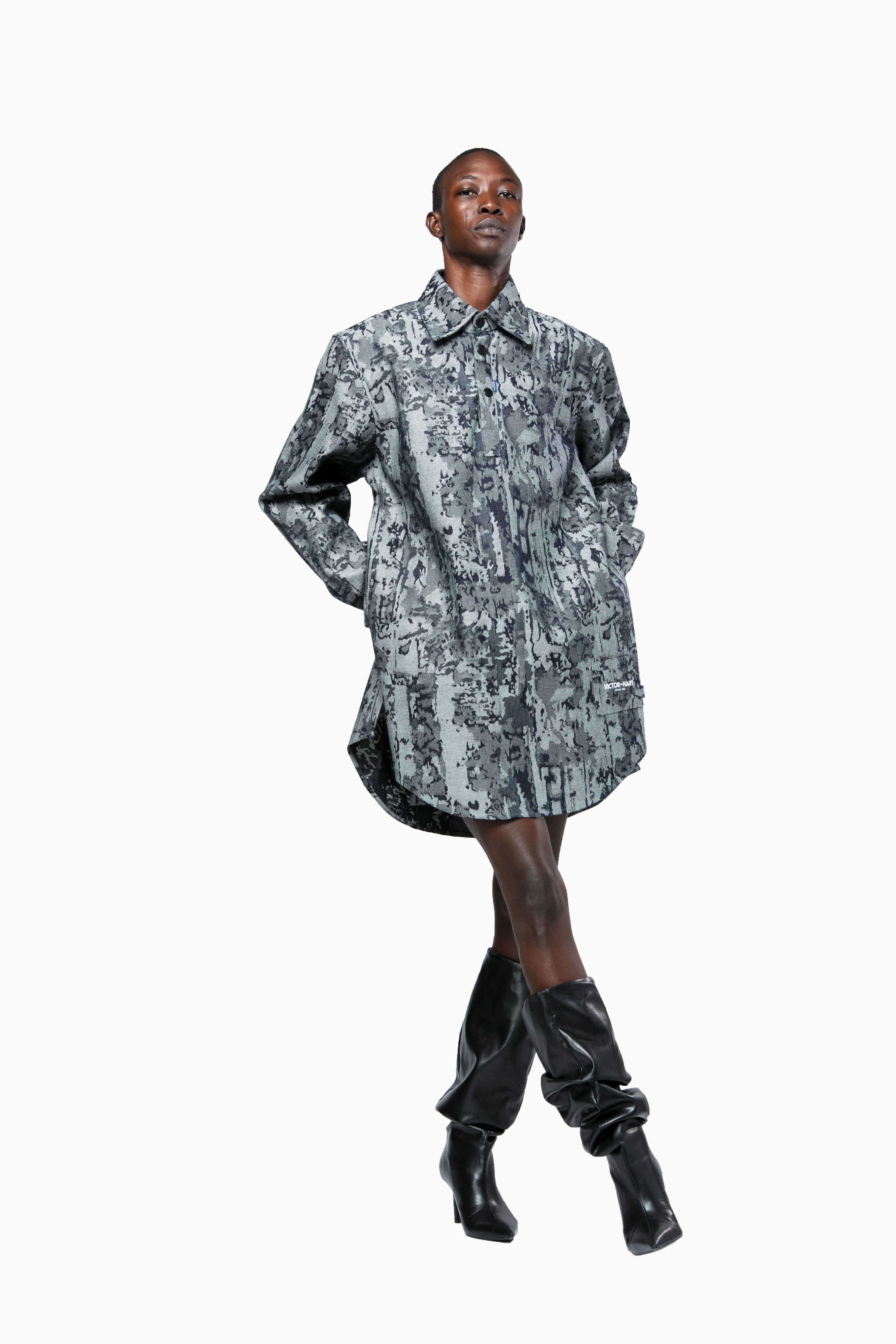 Victor-Hart luxury jacquard denim office shirt  with architectural tailoring