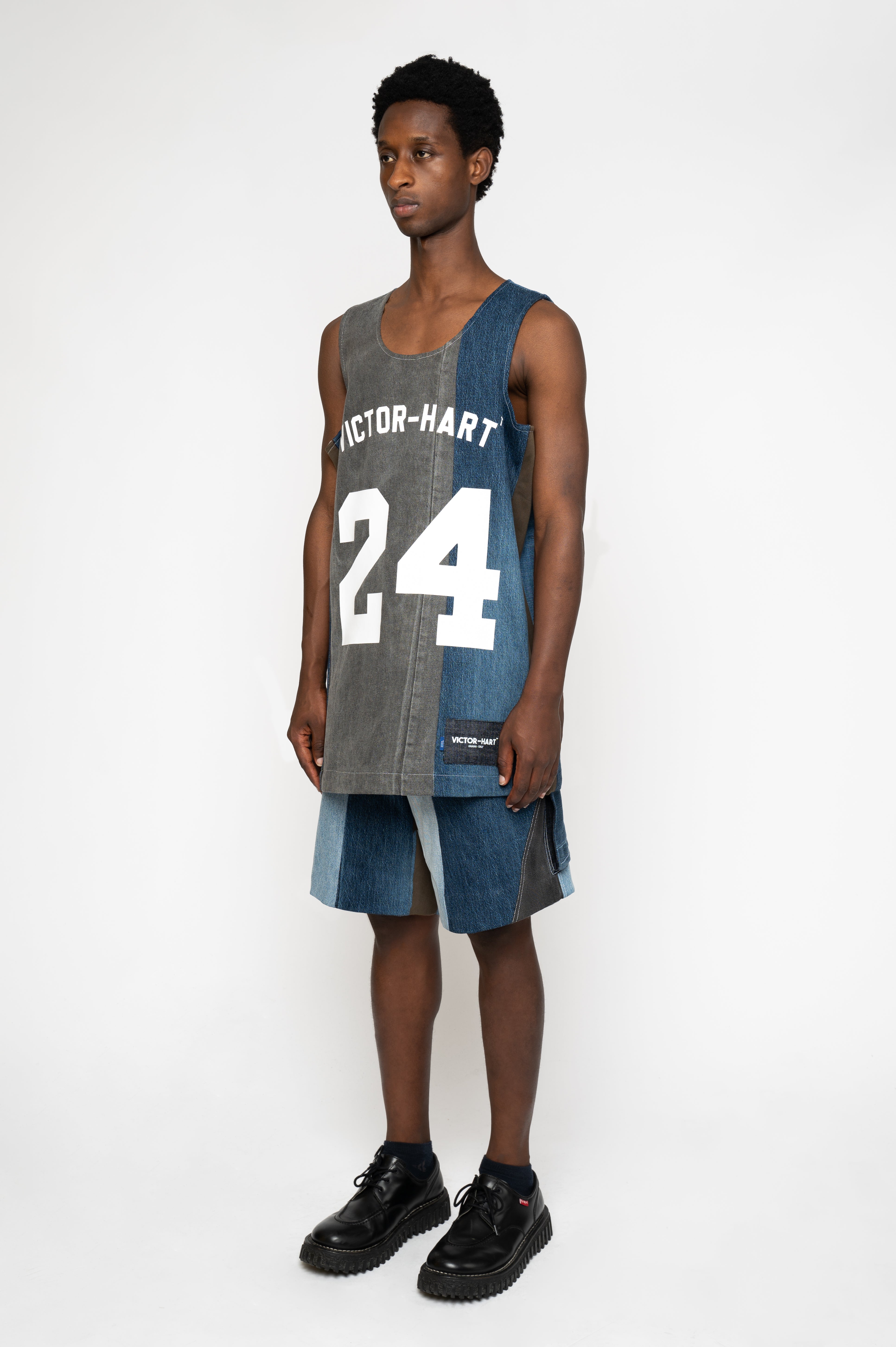 Victor-Hart luxury Basket jersey blue upcycled denim with architectural tailoring