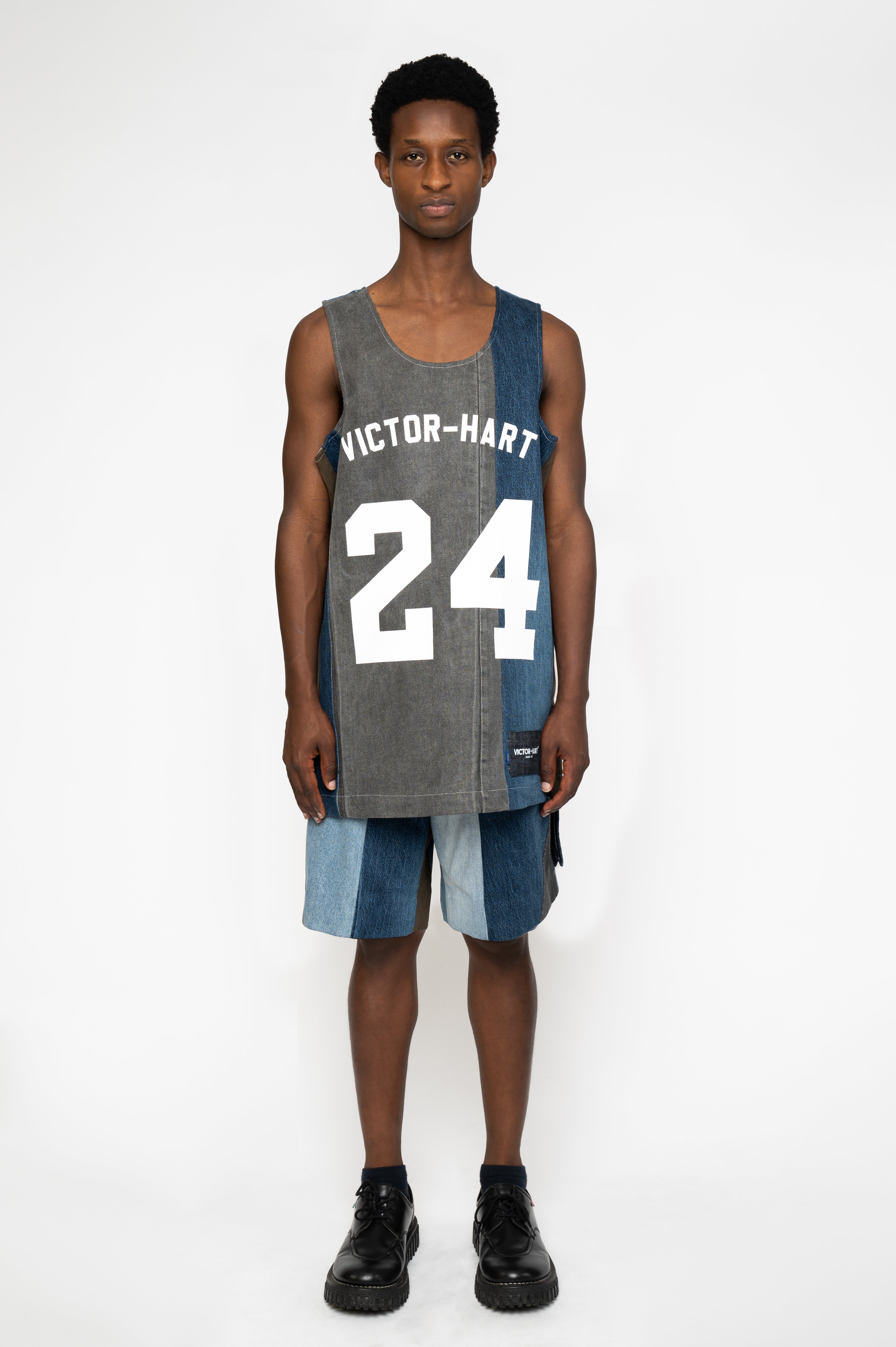 Victor-Hart luxury Basket jersey blue upcycled denim with architectural tailoring
