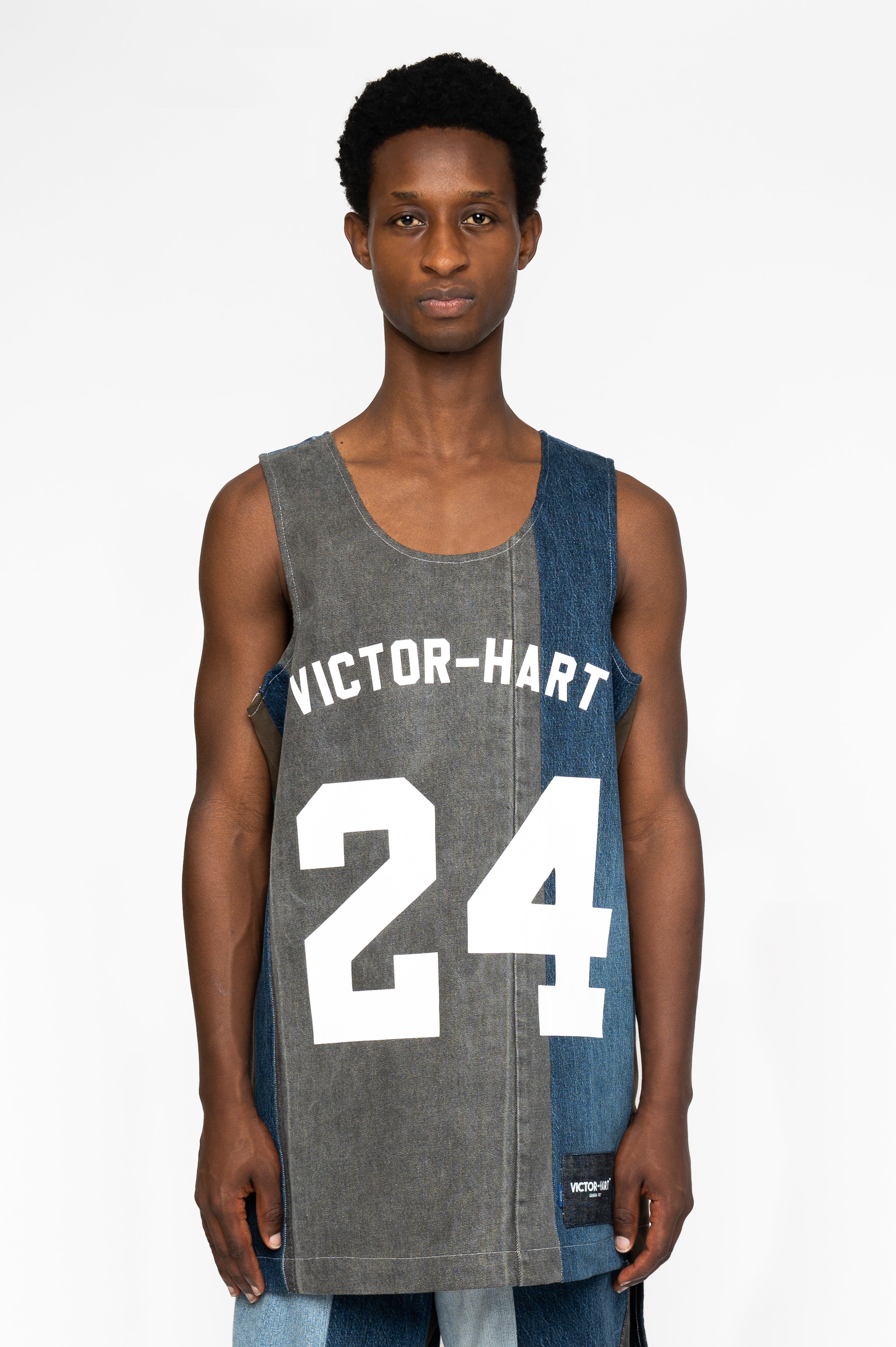Victor-Hart luxury Basket jersey blue upcycled denim with architectural tailoring