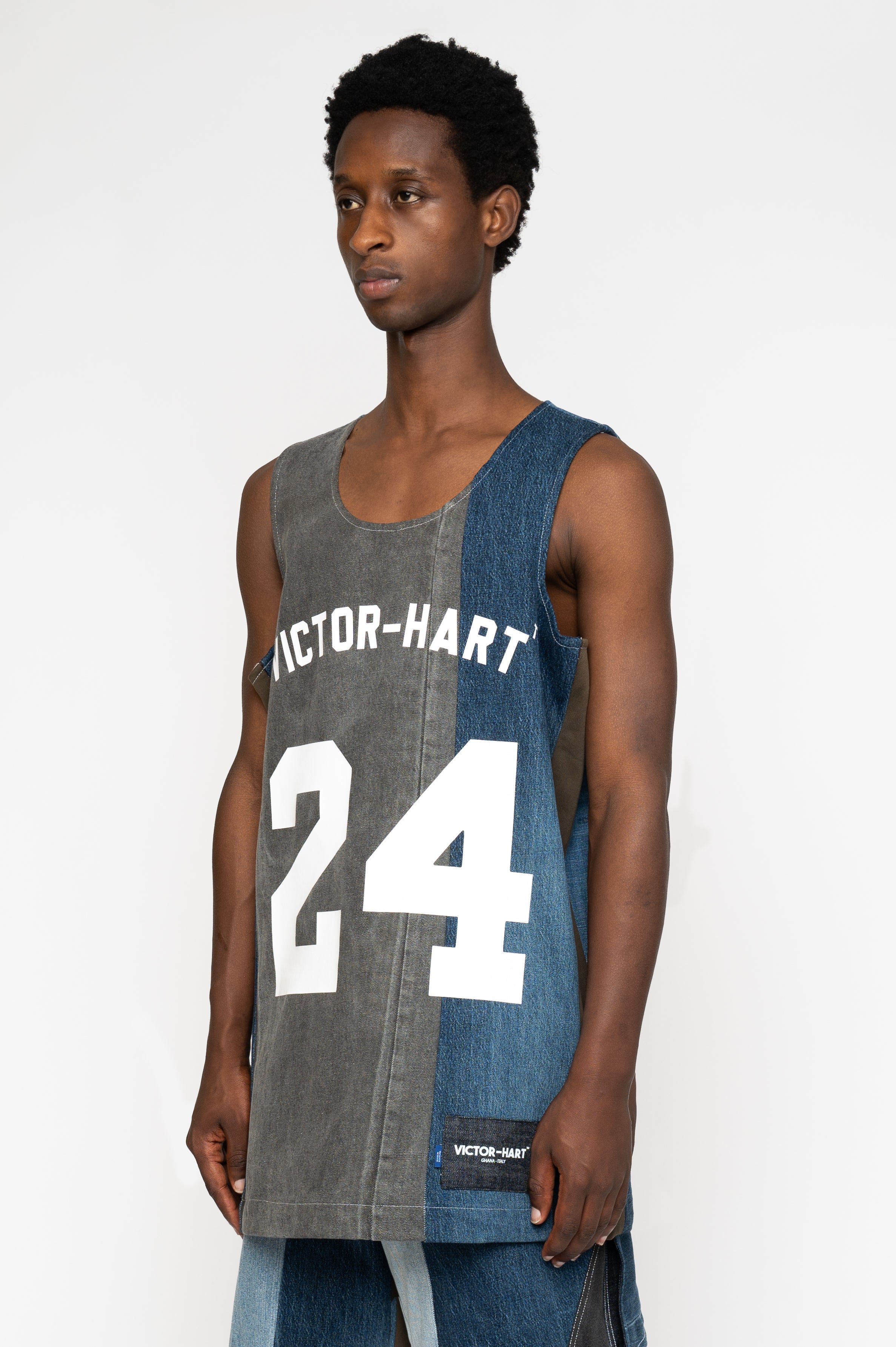Victor-Hart luxury Basket jersey blue upcycled denim with architectural tailoring