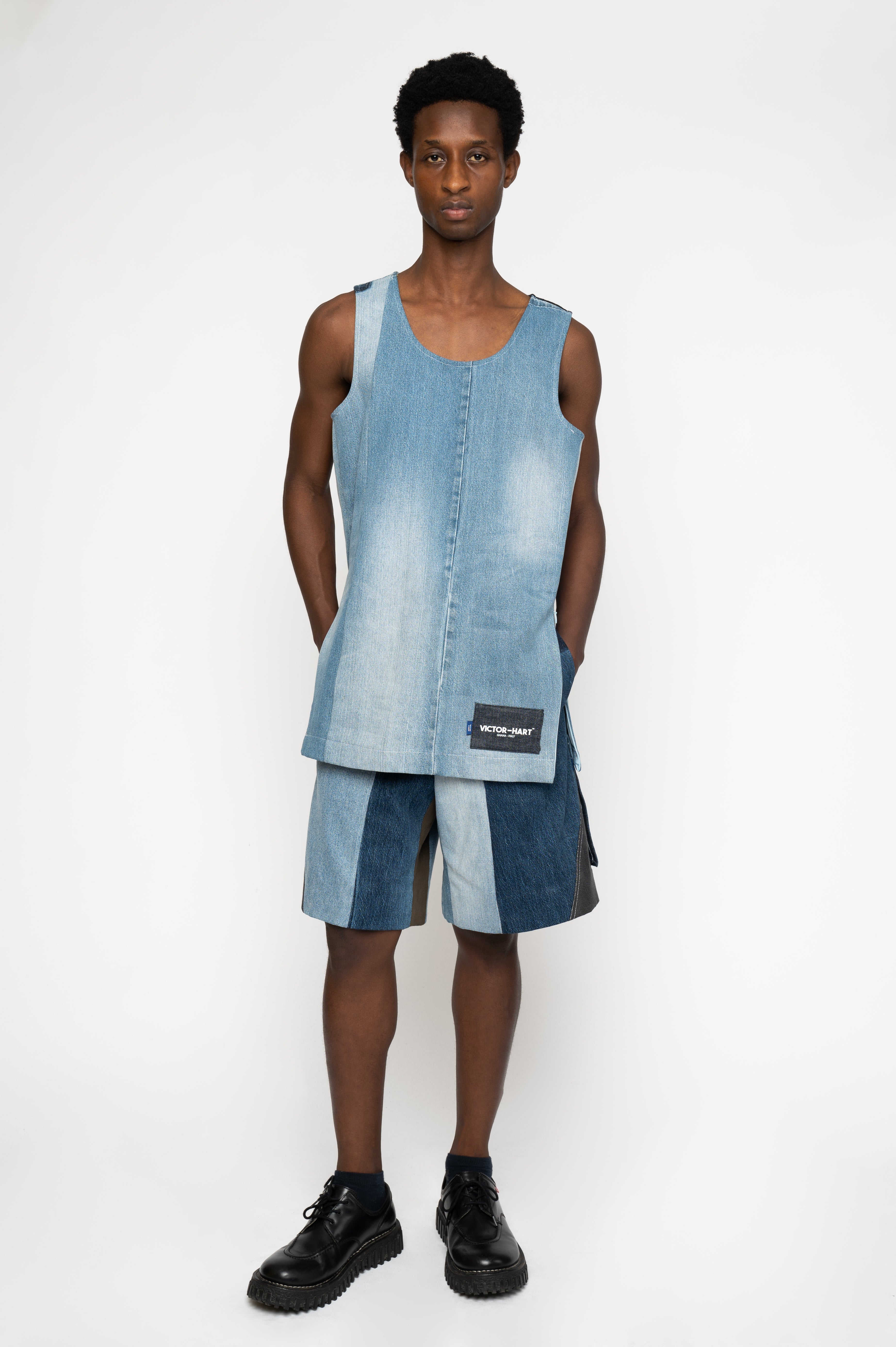 Victor-Hart luxury Basket jersey blue upcycled denim with architectural tailoring