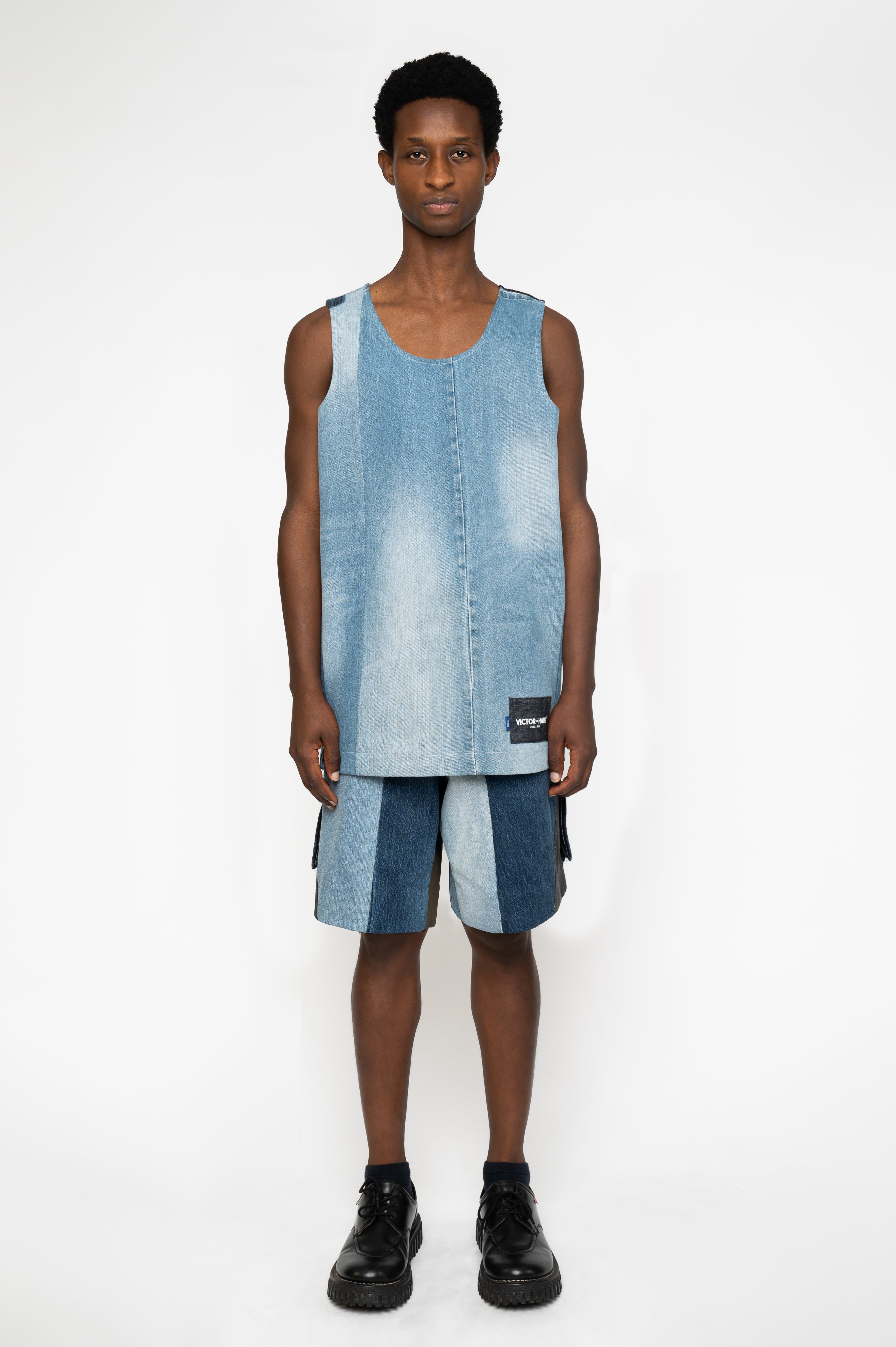 Victor-Hart luxury Basket jersey blue upcycled denim with architectural tailoring