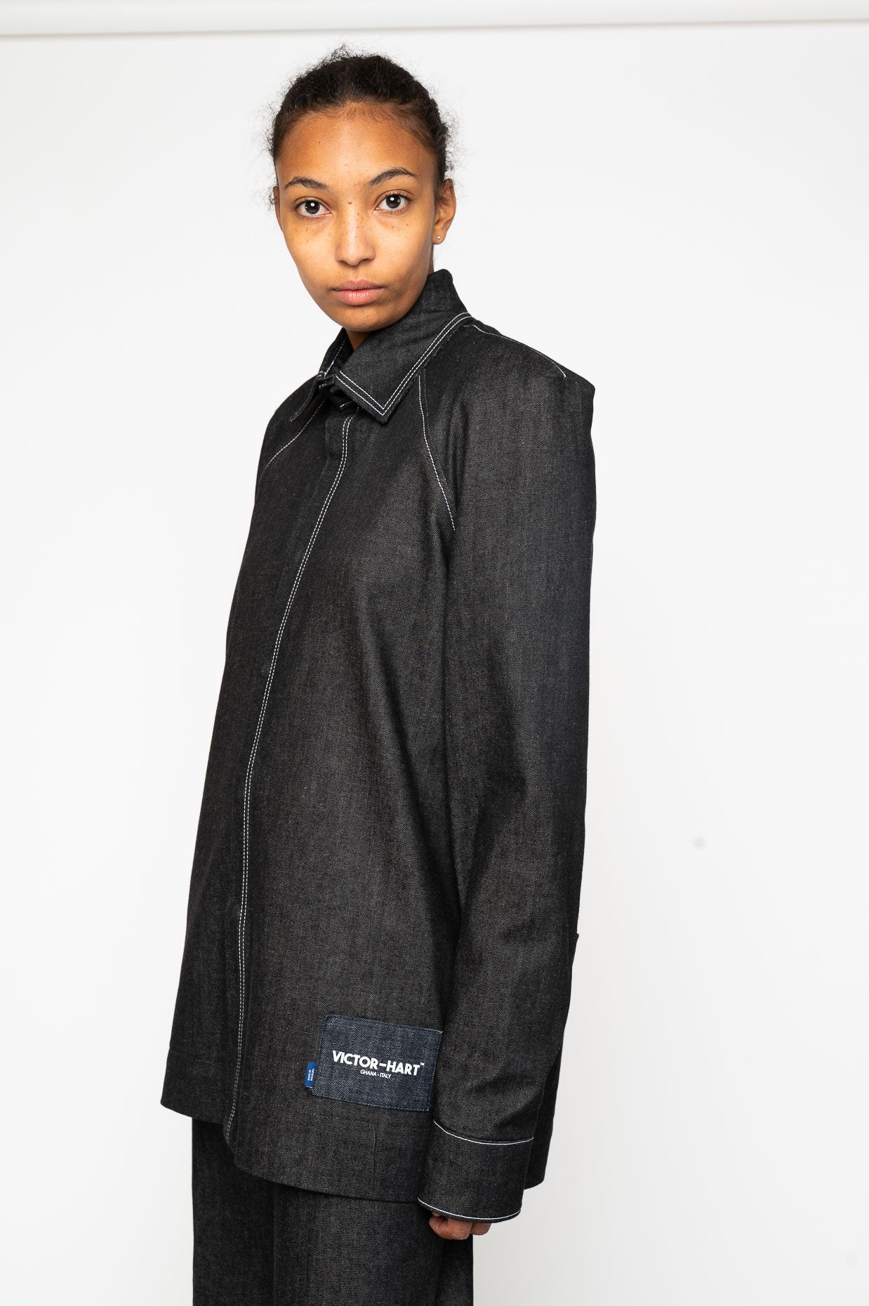Victor-Hart luxury black denim business shirt with architectural tailoring