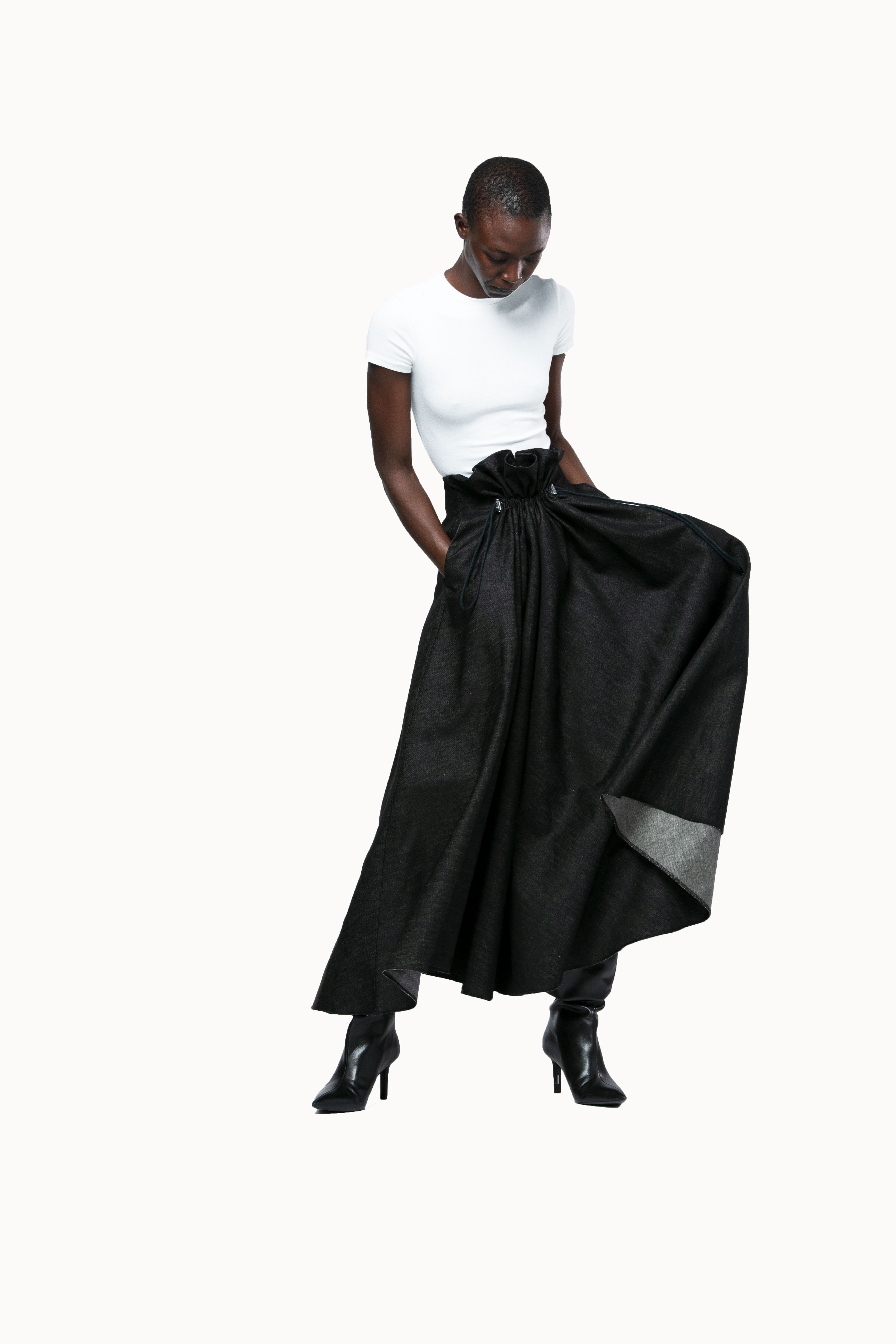 Victor-Hart luxury structured denim maxi skirt with architectural tailoring