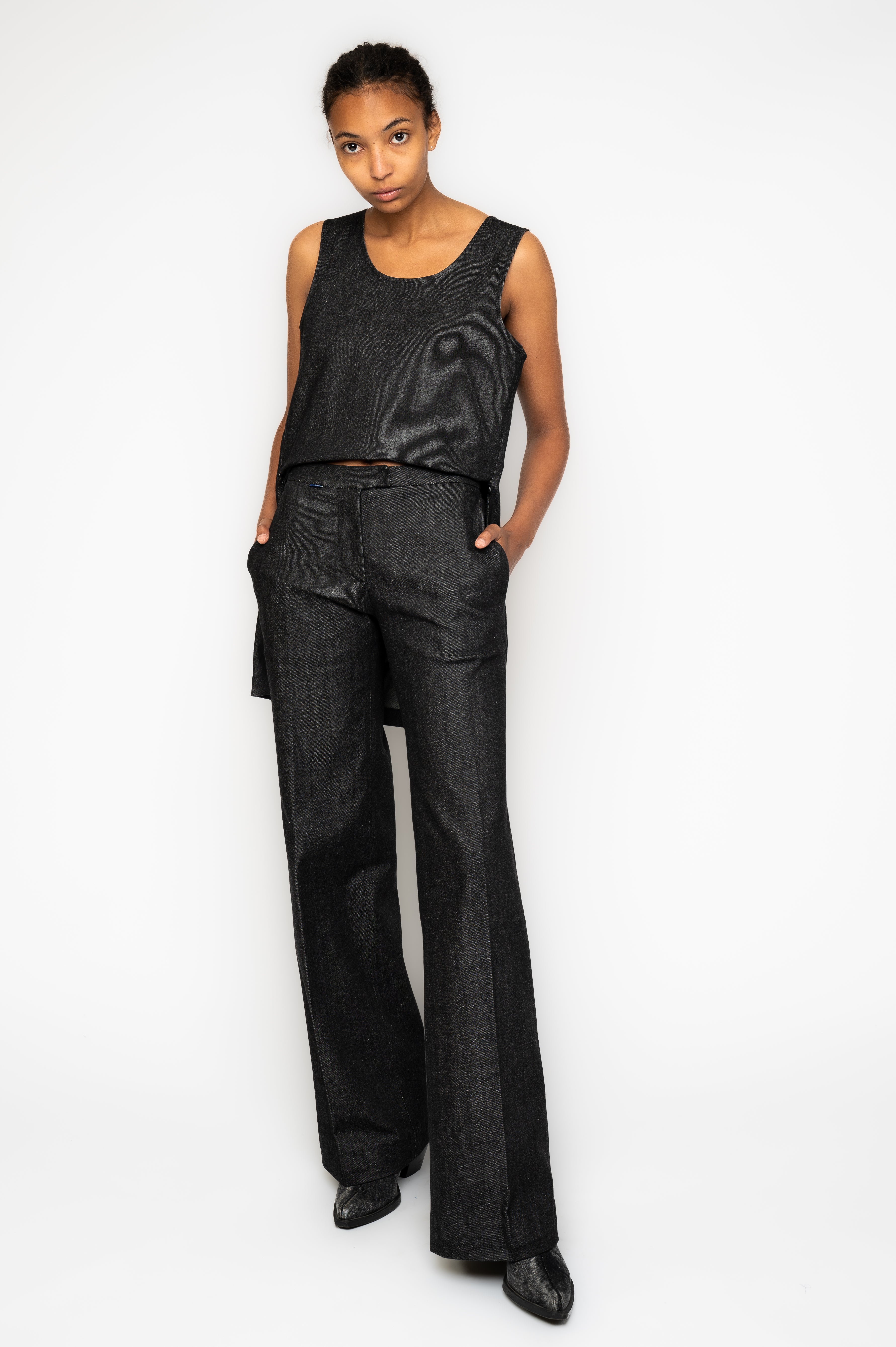Victor-Hart luxury structured working trouser high waist black denim with architectural tailoring