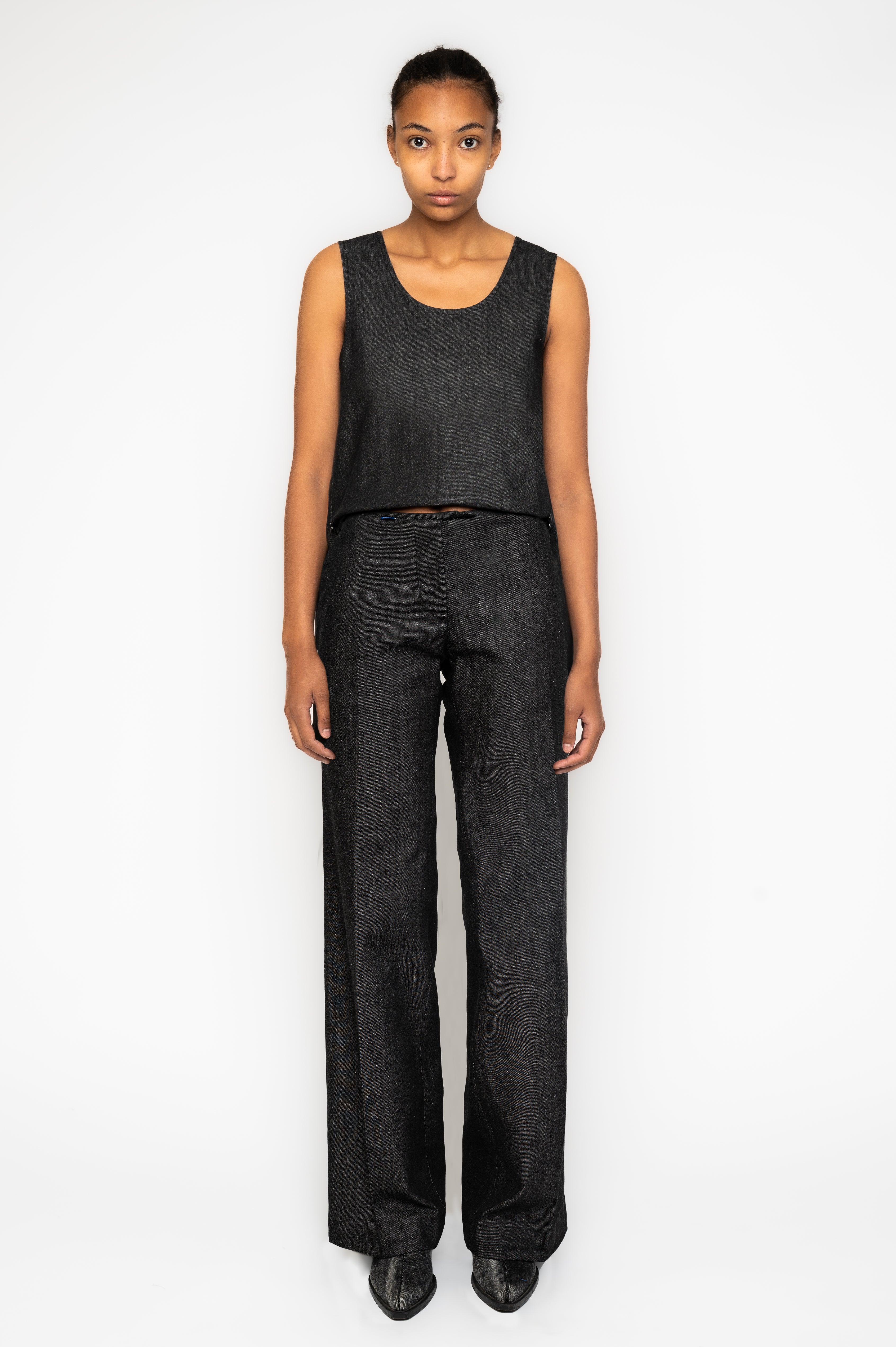 Victor-Hart luxury structured working trouser high waist black denim with architectural tailoring