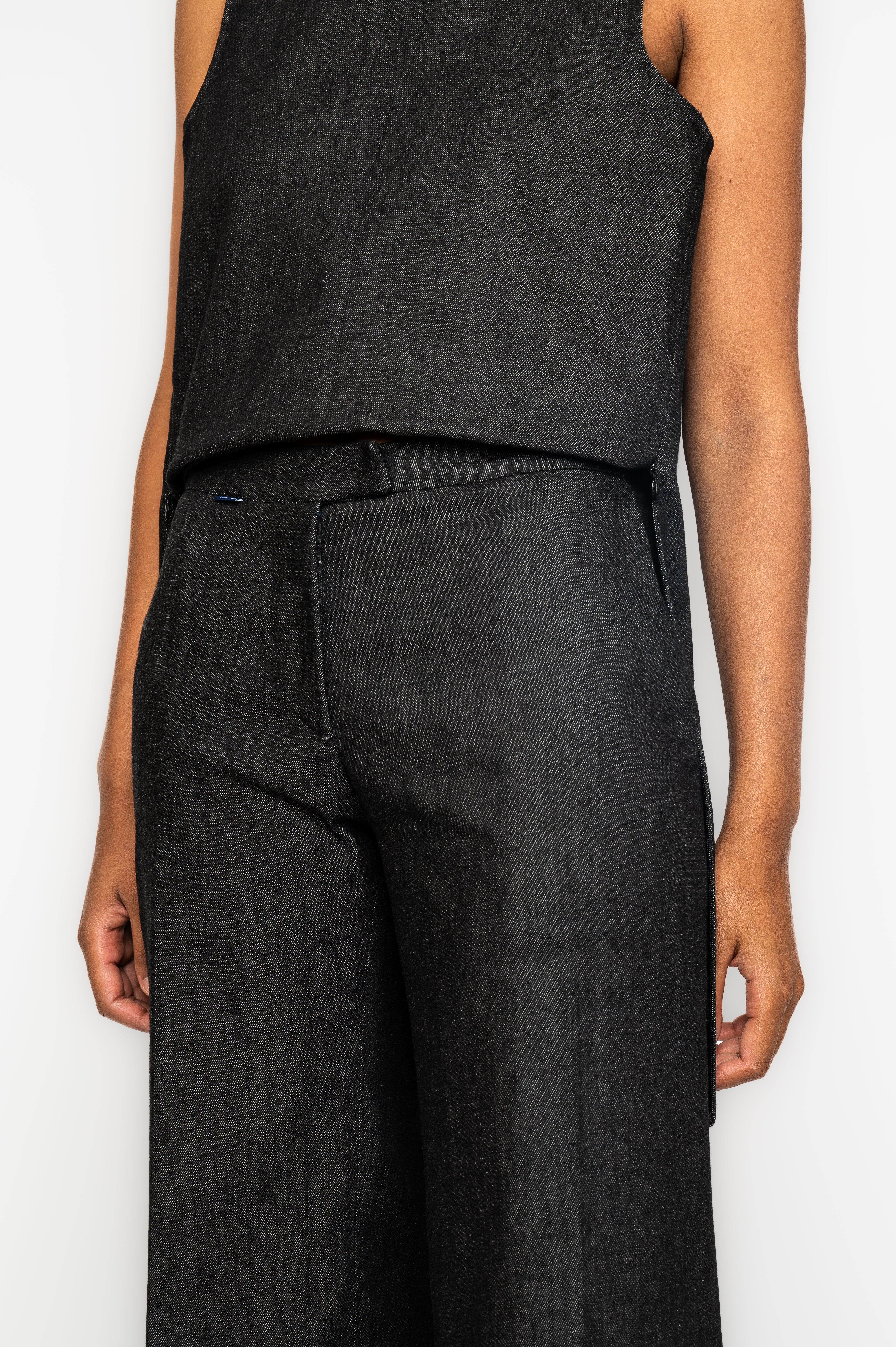 Victor-Hart luxury structured working trouser high waist black denim with architectural tailoring