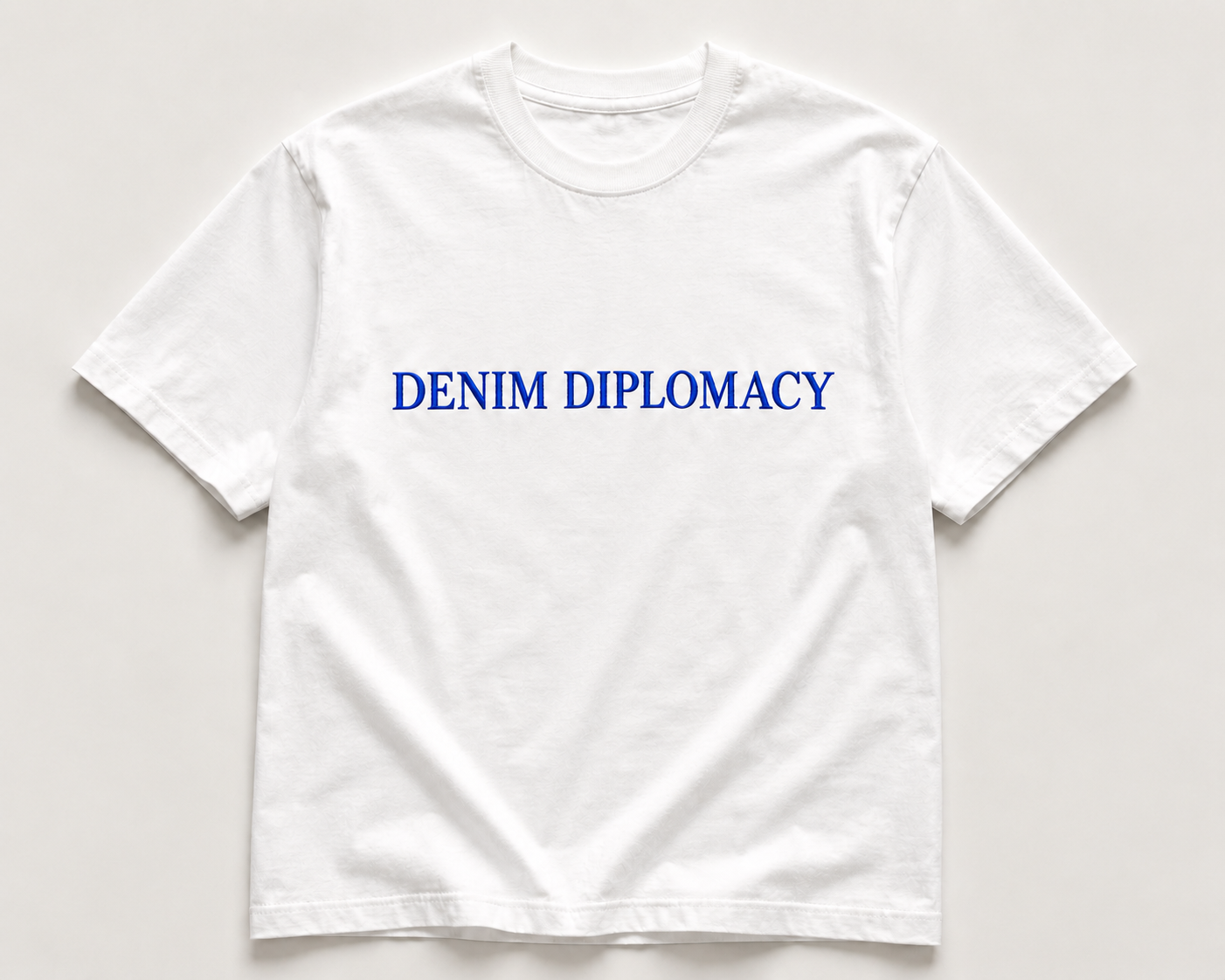 Victor-Hart Denim Diplomacy Tee, embroidered wordmark on heavyweight cotton