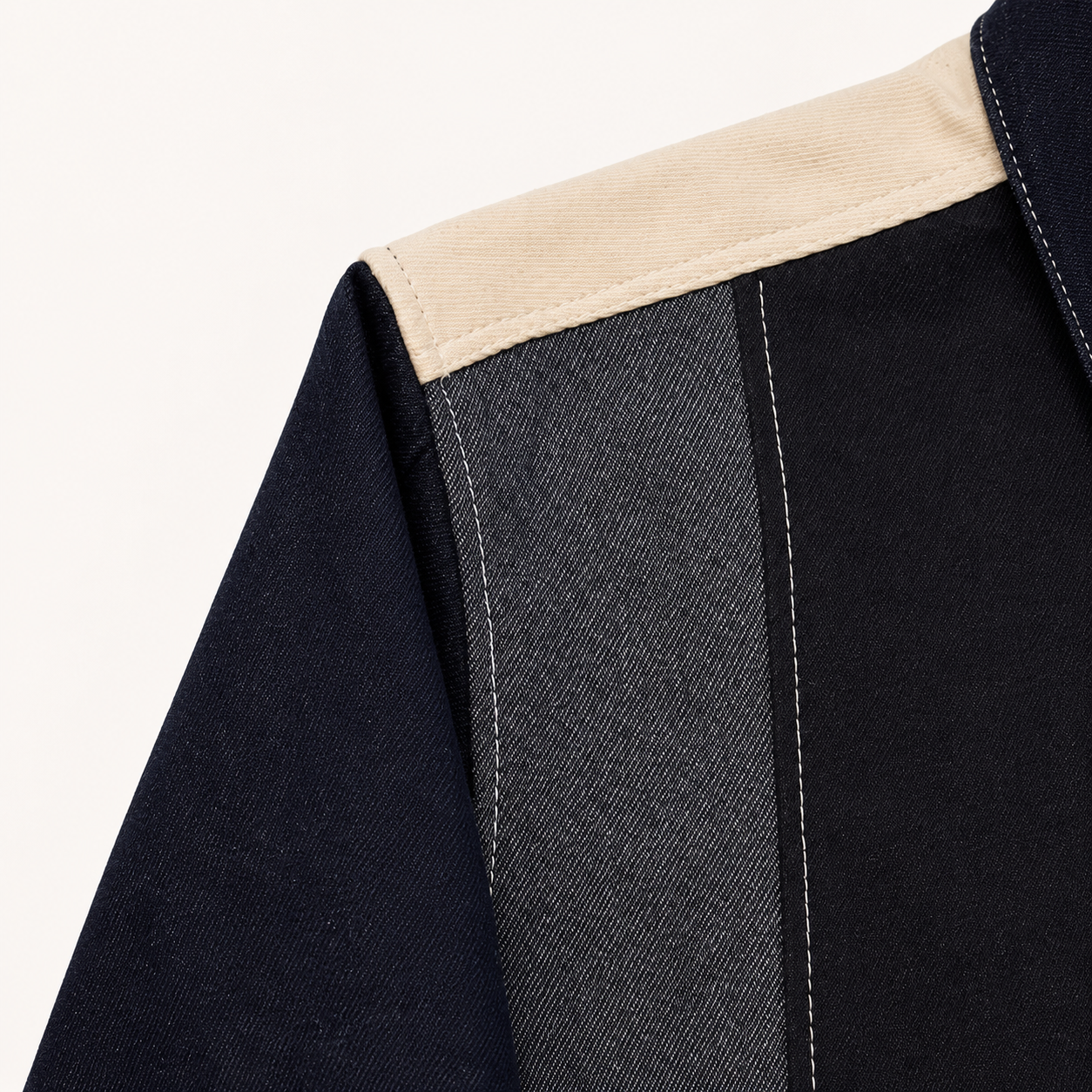 Victor-Hart minimal upcycled denim jacket, fabric detail showing upcycled denim texture