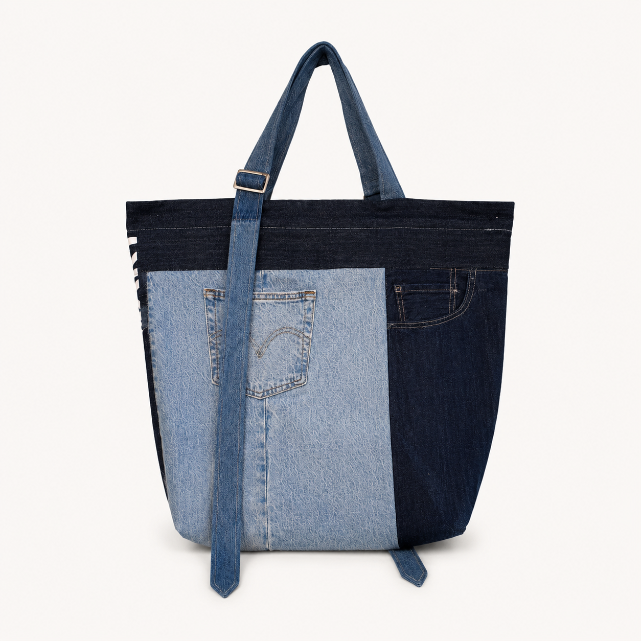 Victor-Hart upcycled denim tote bag, front view