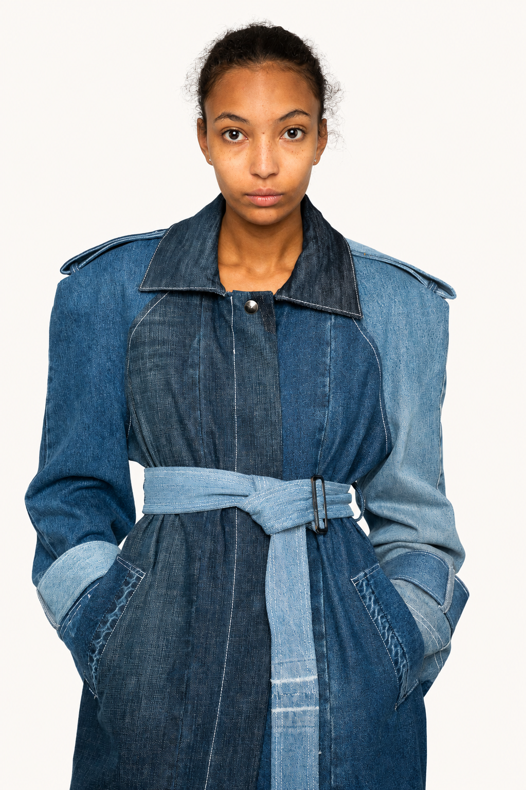 Victor-Hart upcycled trench coat, front detail showing upcycled fabric texture