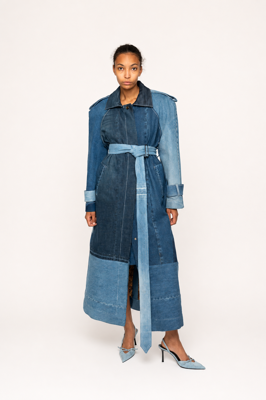 Victor-Hart upcycled trench coat, front view with belt tied
