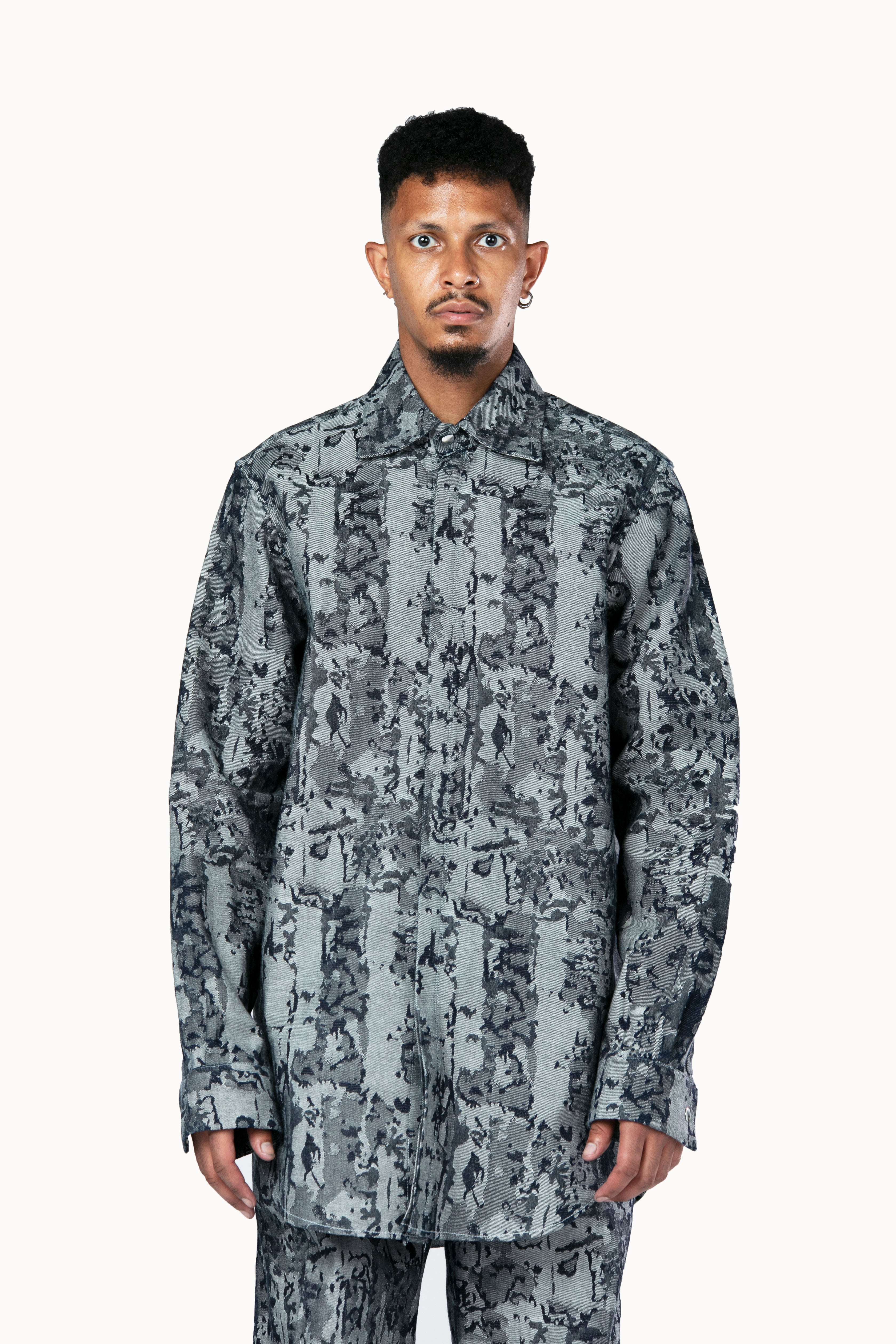 Victor-Hart luxury jacquard denim office shirt  with architectural tailoring