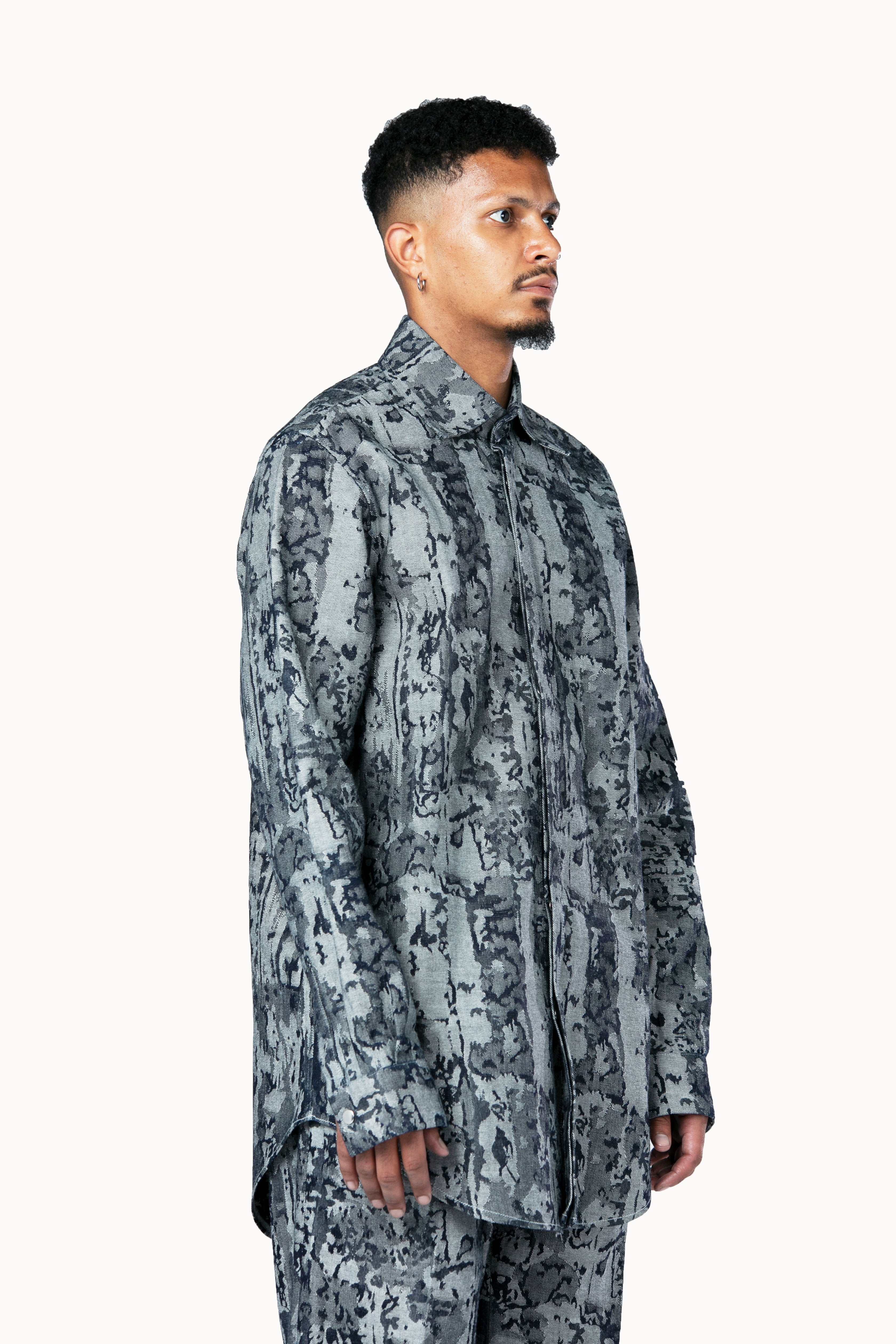 Victor-Hart luxury jacquard denim office shirt  with architectural tailoring