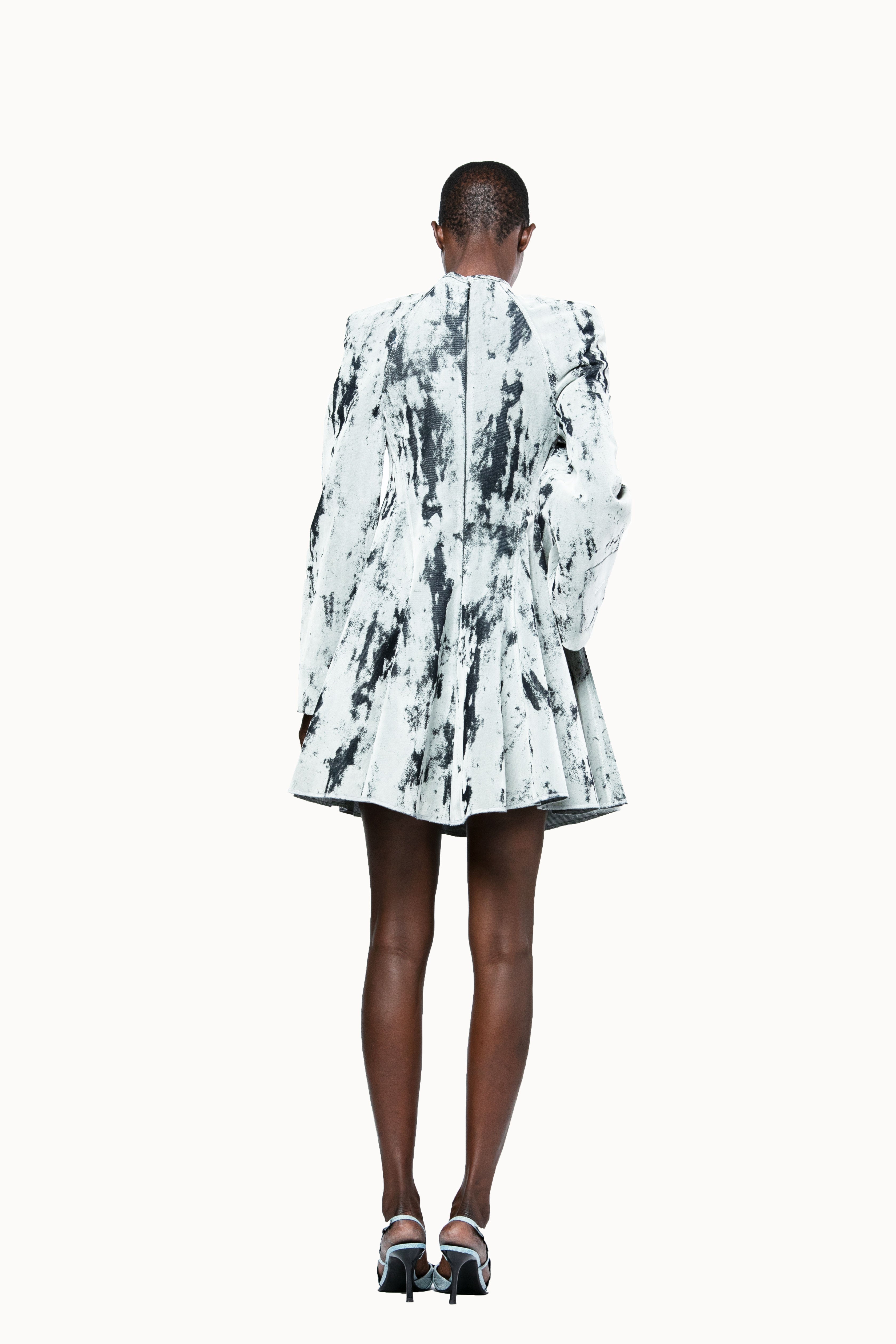 Victor-Hart Secretary Flock Print Denim Dress – Structured Long Sleeve Tailored Day-to-Evening Dress