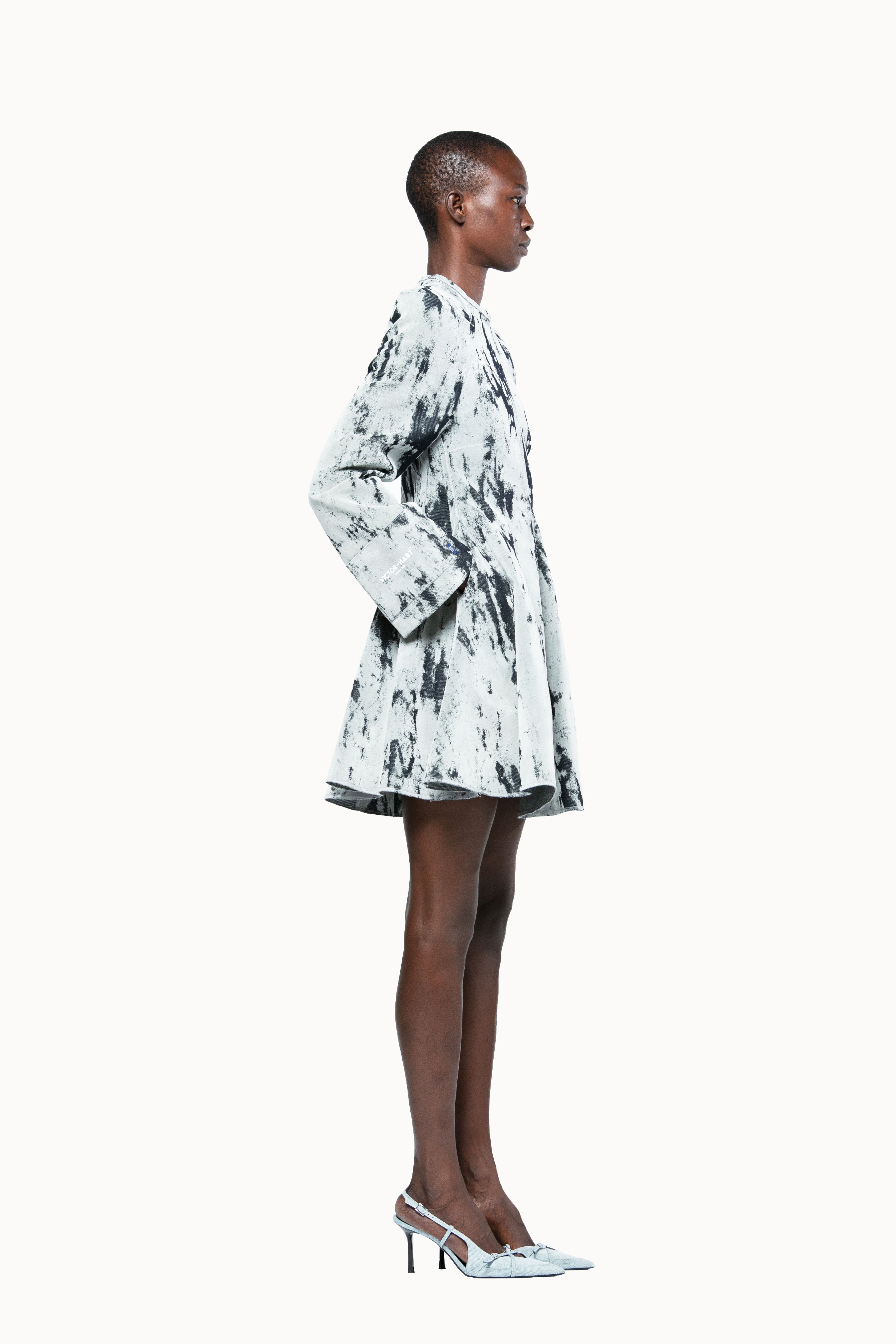 Victor-Hart Secretary Flock Print Denim Dress – Structured Long Sleeve Tailored Day-to-Evening Dress