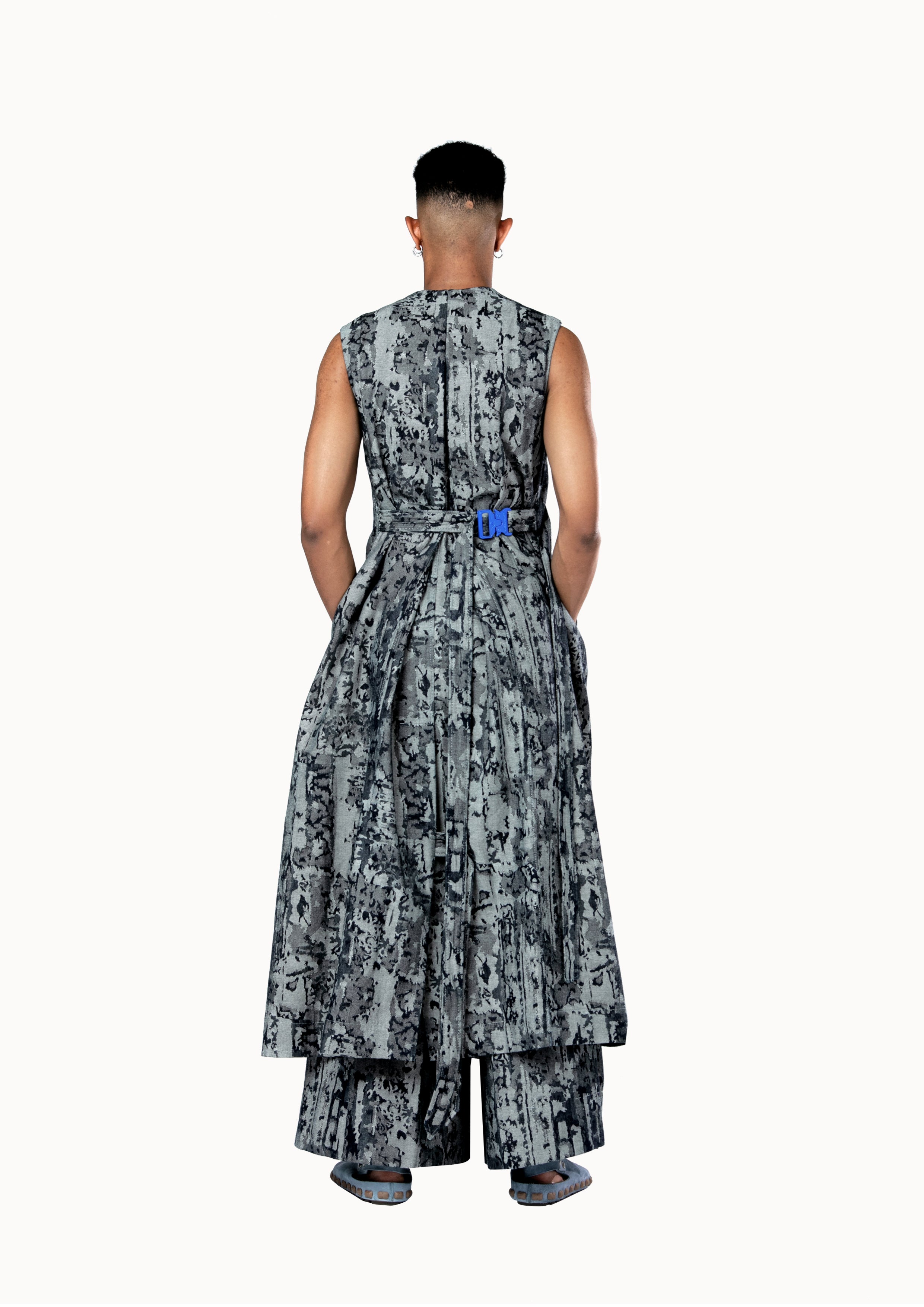 Victor-Hart luxury structured denim long gilet with architectural tailoring