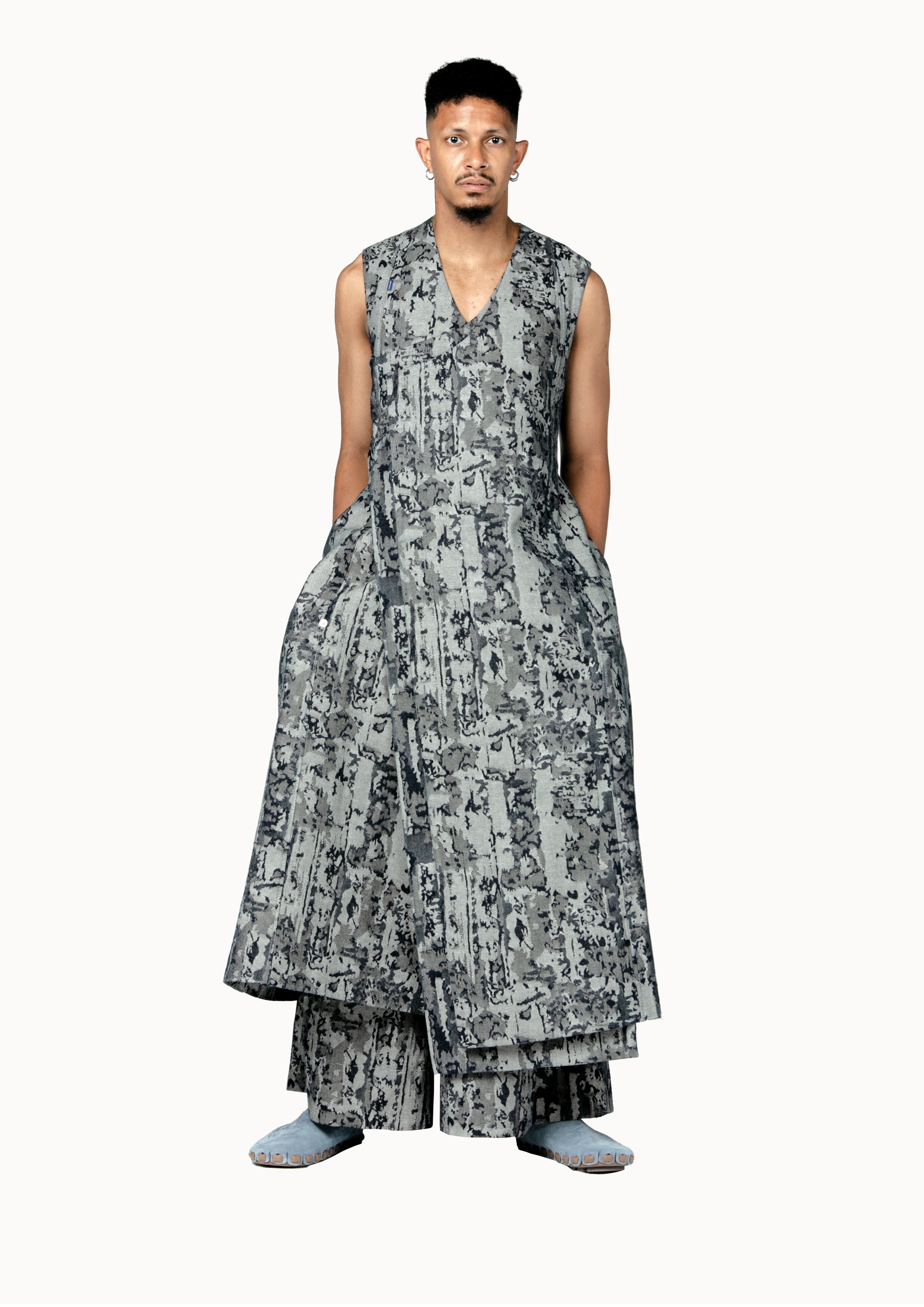 Victor-Hart luxury structured denim long gilet with architectural tailoring