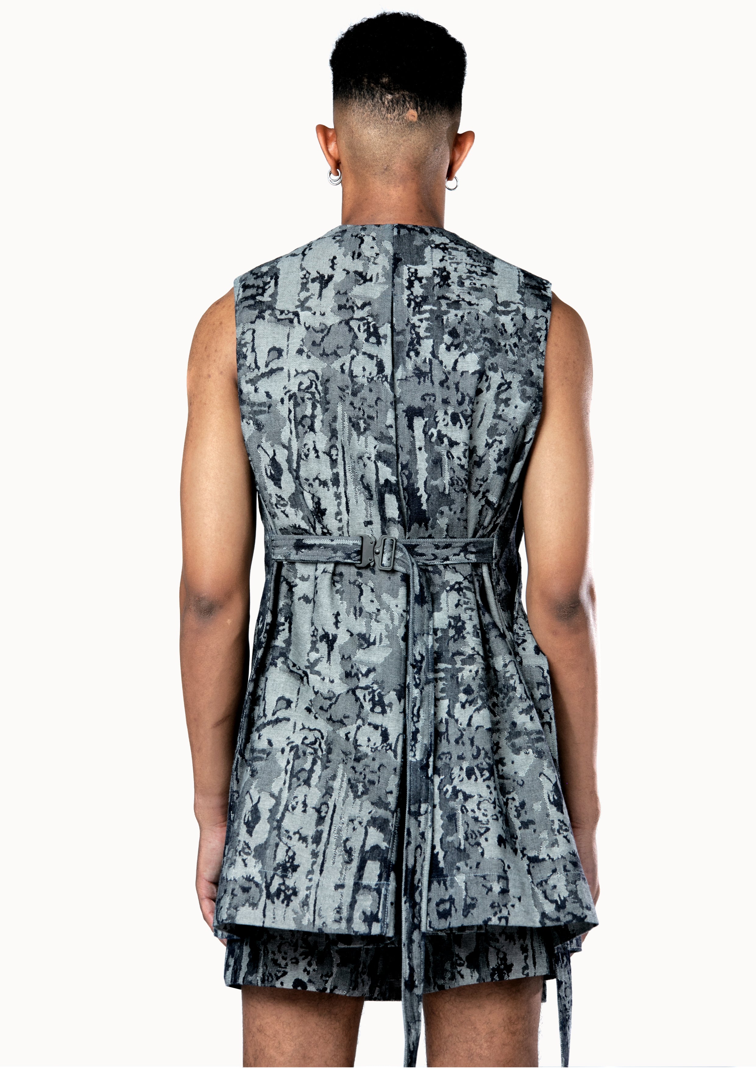 Victor-Hart luxury structured denim midi gilet  with architectural tailoring