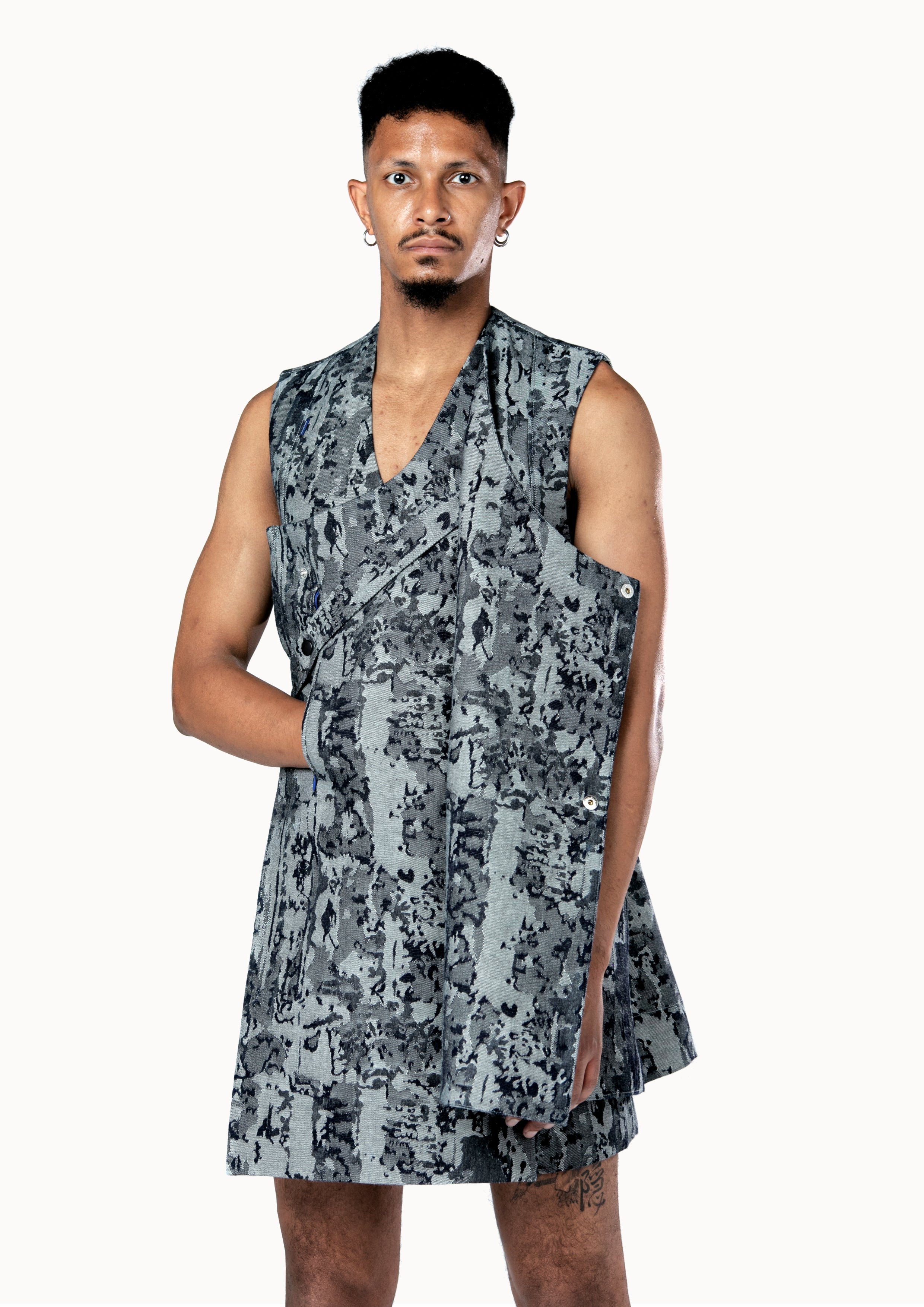 Victor-Hart luxury structured denim midi gilet  with architectural tailoring