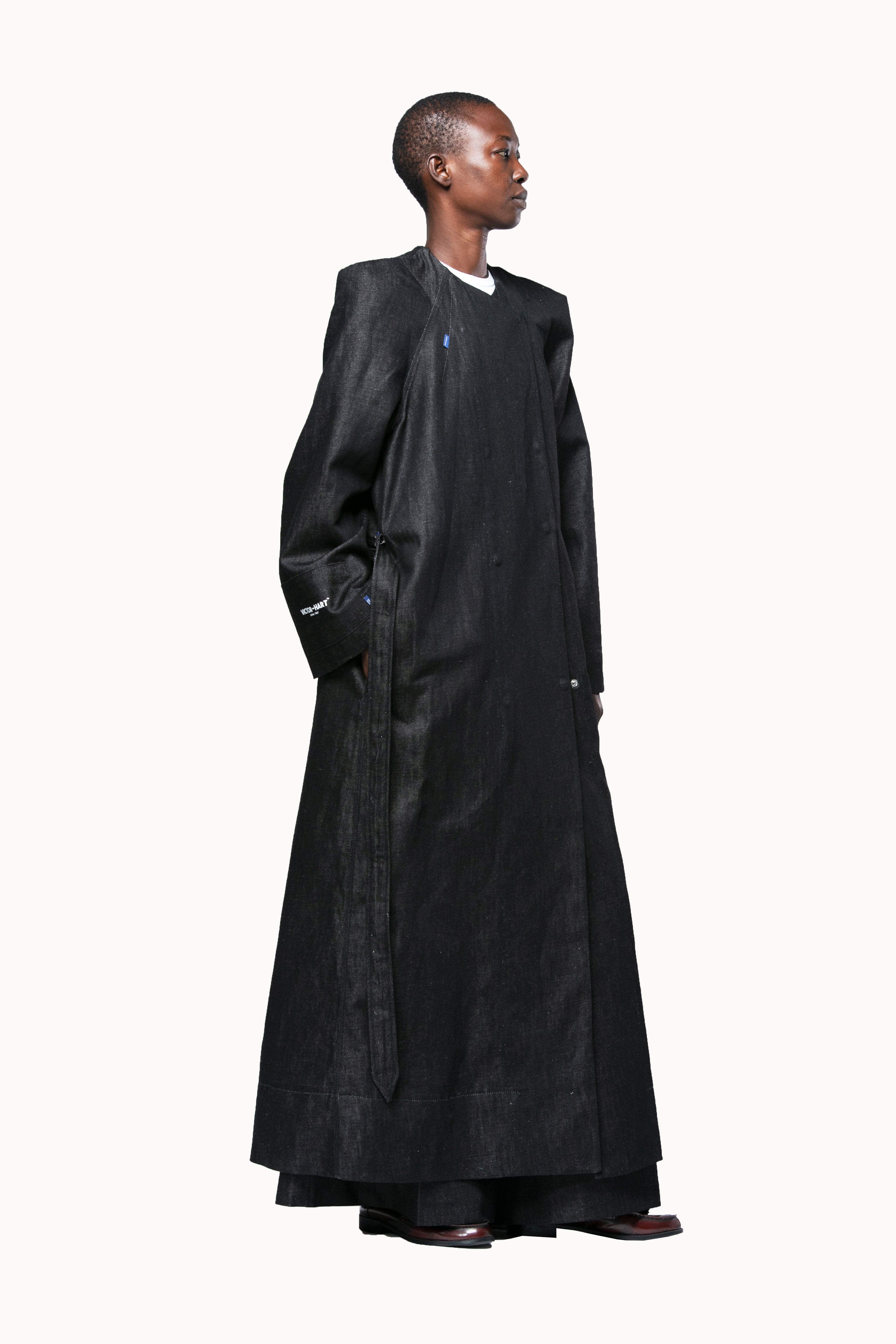 Victor-Hart luxury structured black denim Vtrench coat with architectural tailoring