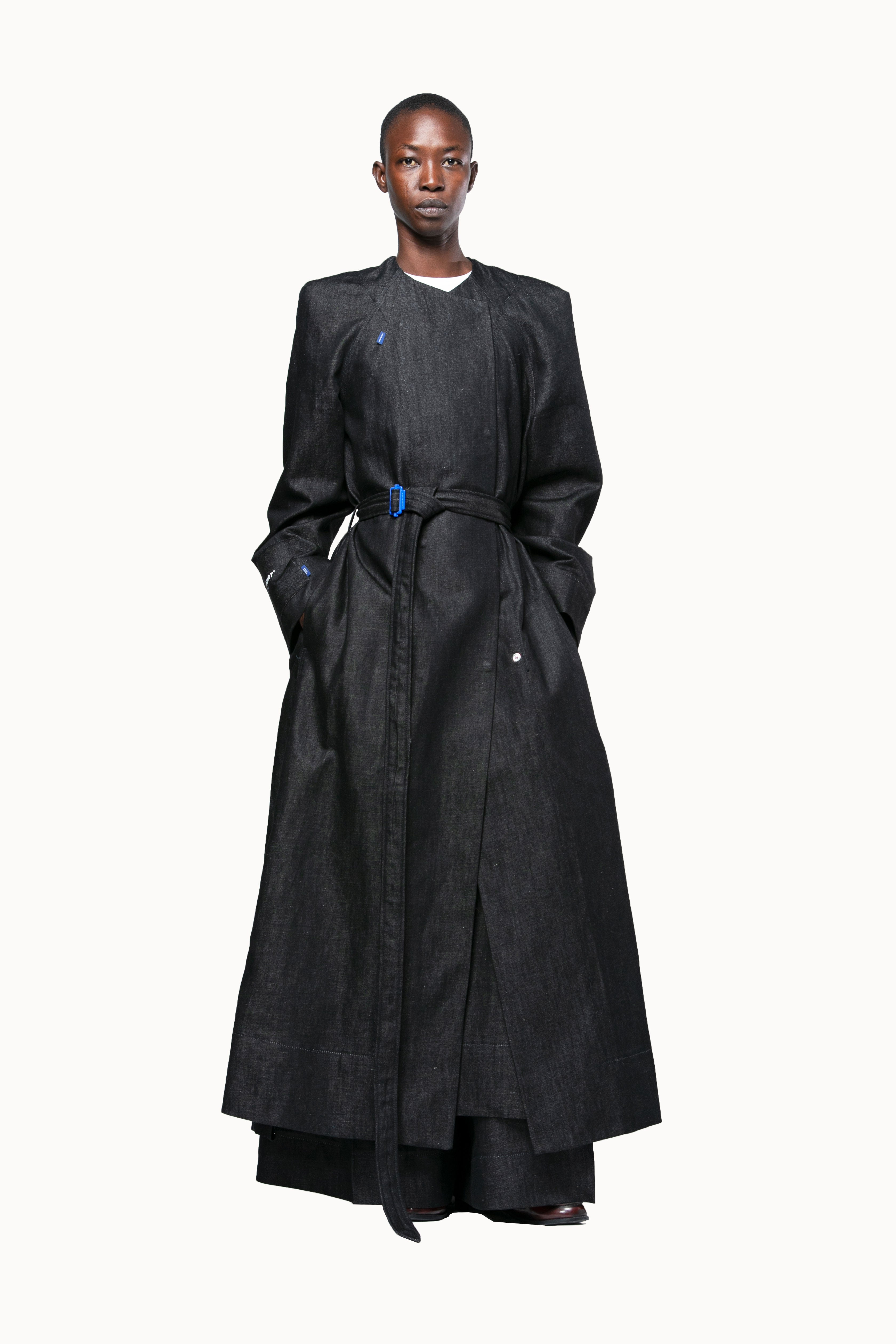 Victor-Hart luxury structured black denim Vtrench coat with architectural tailoring